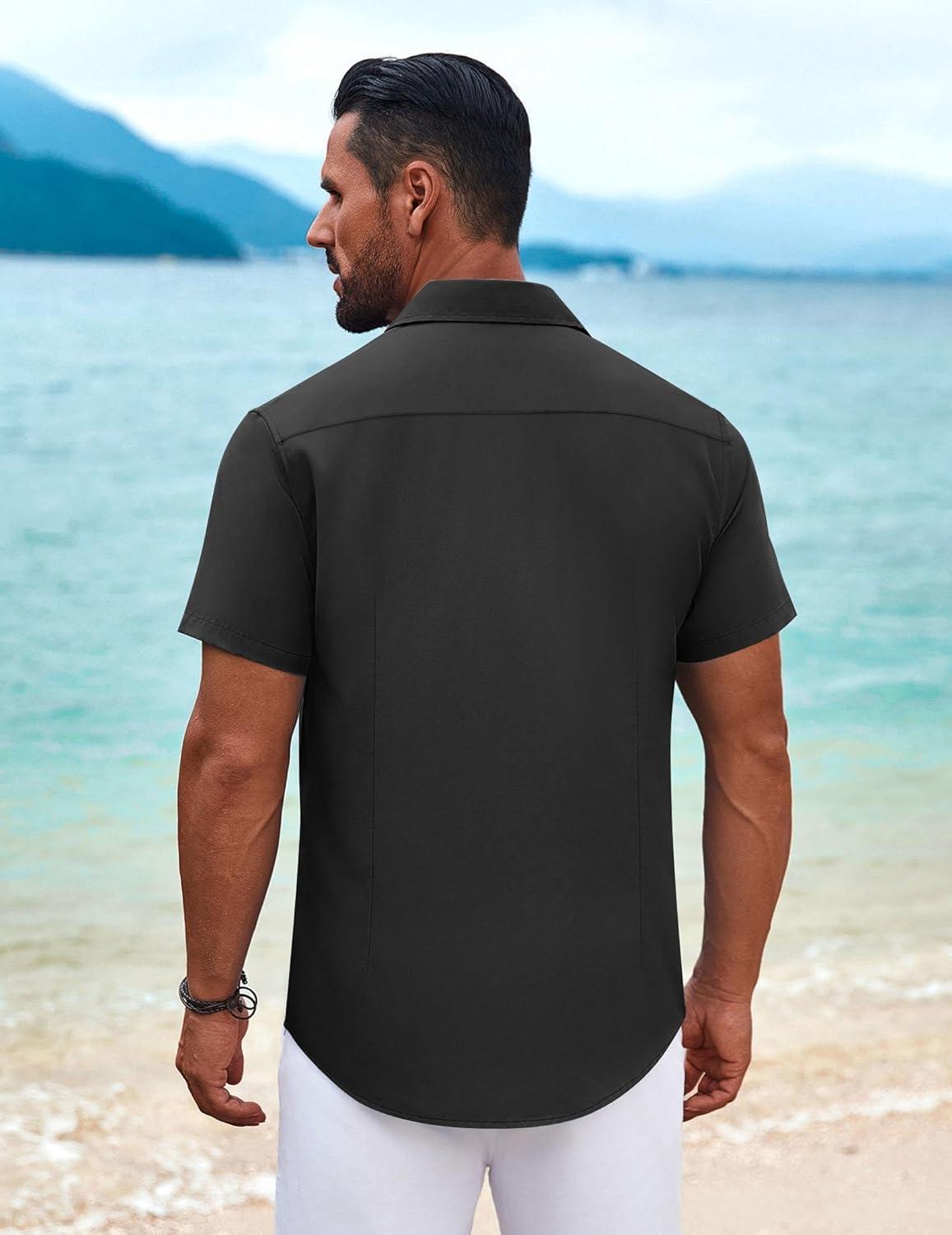 imageCOOFANDY Mens Cuban Guayabera Shirt Short Sleeve Button Down Shirts Summer Beach Vacation ShirtsBlack
