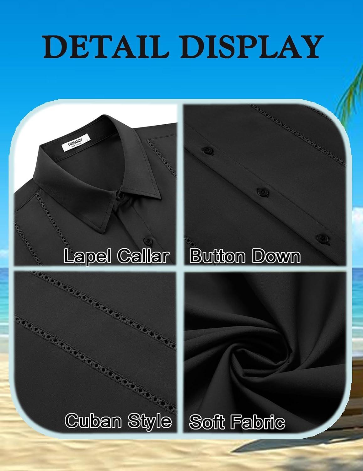imageCOOFANDY Mens Cuban Guayabera Shirt Short Sleeve Button Down Shirts Summer Beach Vacation ShirtsBlack