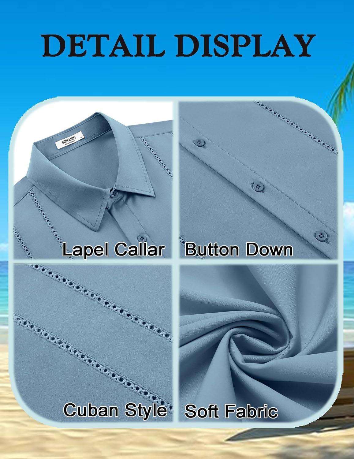 imageCOOFANDY Mens Cuban Guayabera Shirt Short Sleeve Button Down Shirts Summer Beach Vacation ShirtsDenim Blue