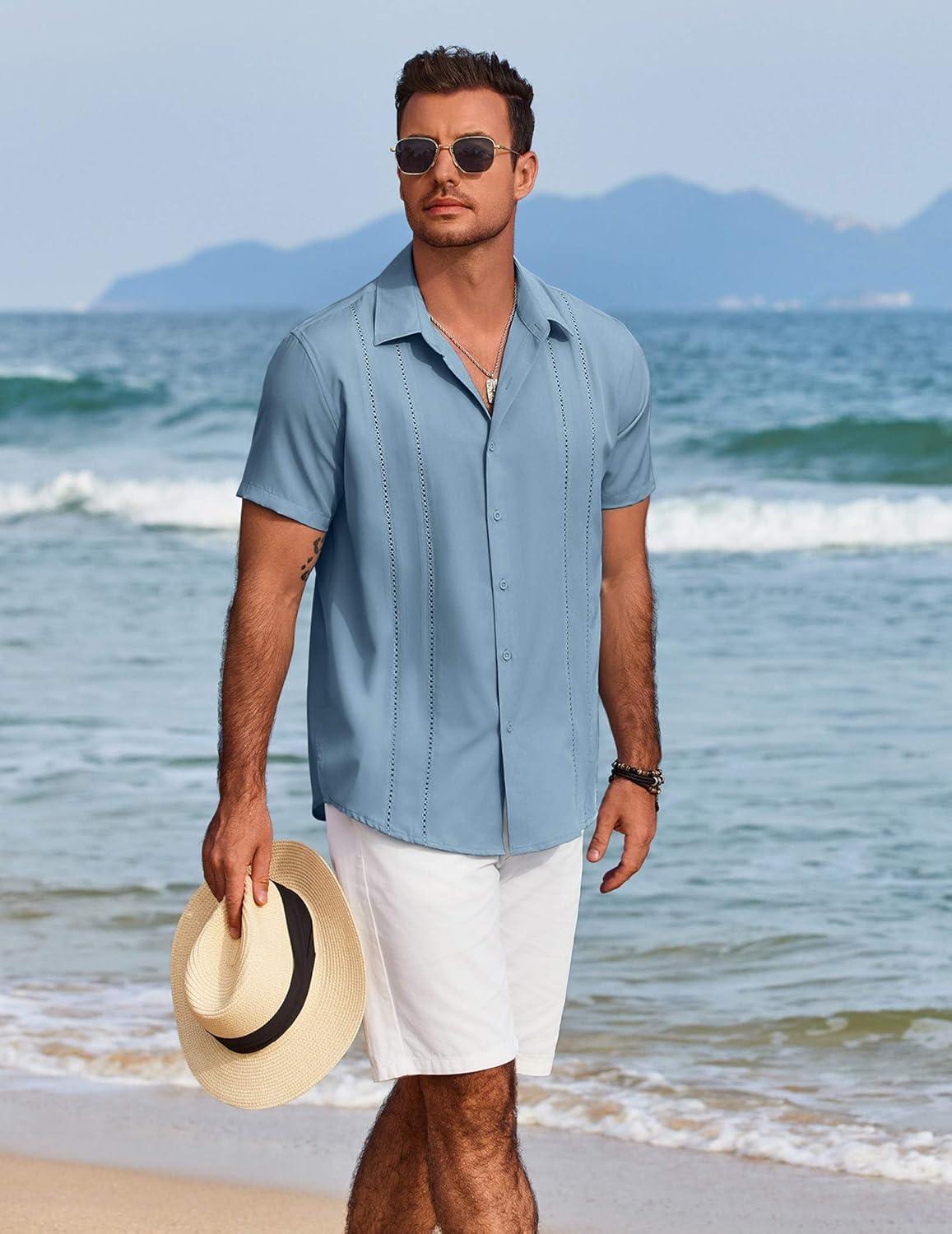 imageCOOFANDY Mens Cuban Guayabera Shirt Short Sleeve Button Down Shirts Summer Beach Vacation ShirtsDenim Blue
