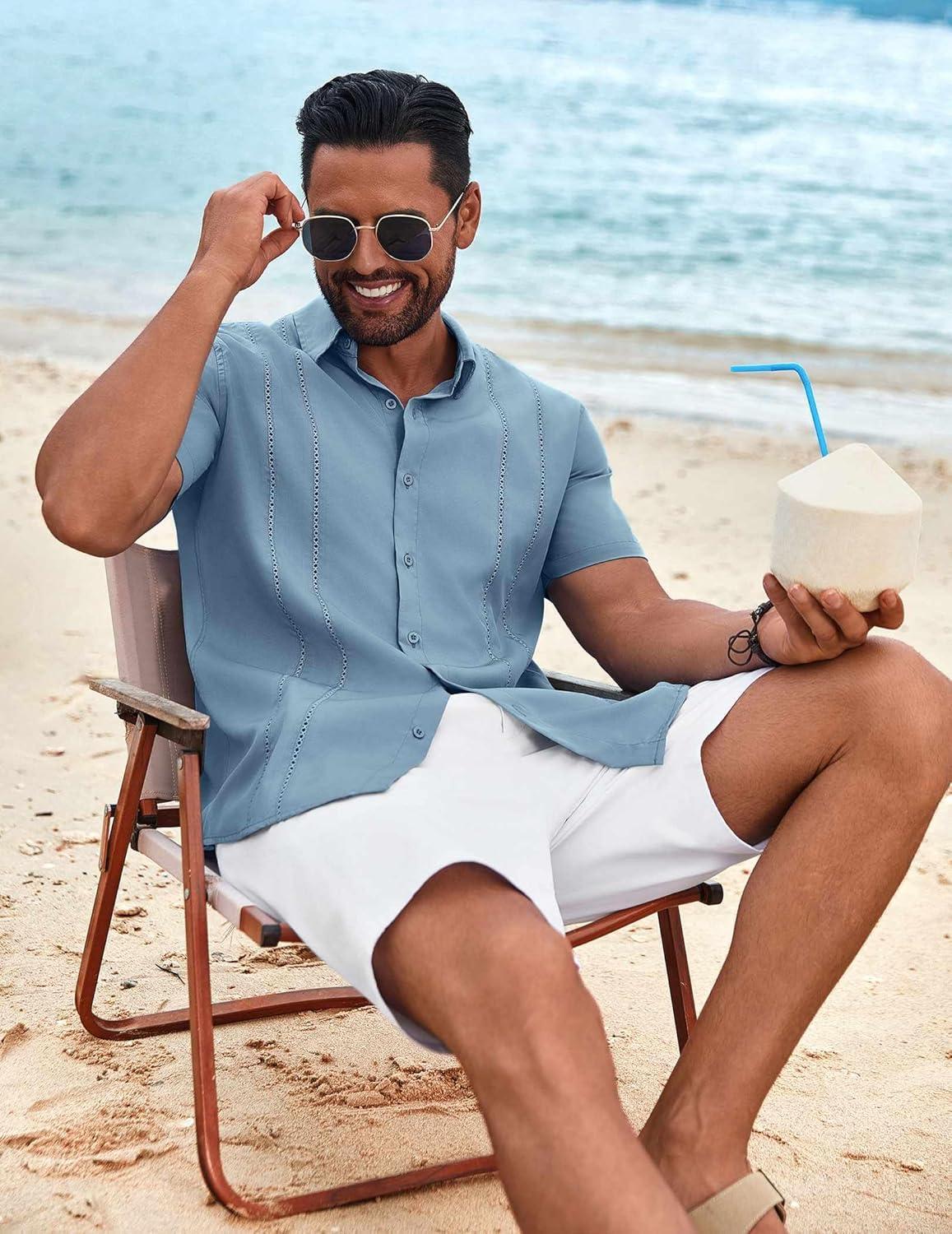 imageCOOFANDY Mens Cuban Guayabera Shirt Short Sleeve Button Down Shirts Summer Beach Vacation ShirtsDenim Blue