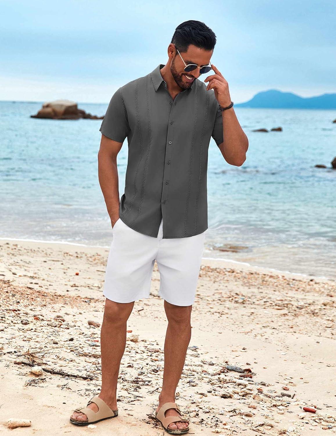 imageCOOFANDY Mens Cuban Guayabera Shirt Short Sleeve Button Down Shirts Summer Beach Vacation ShirtsGray