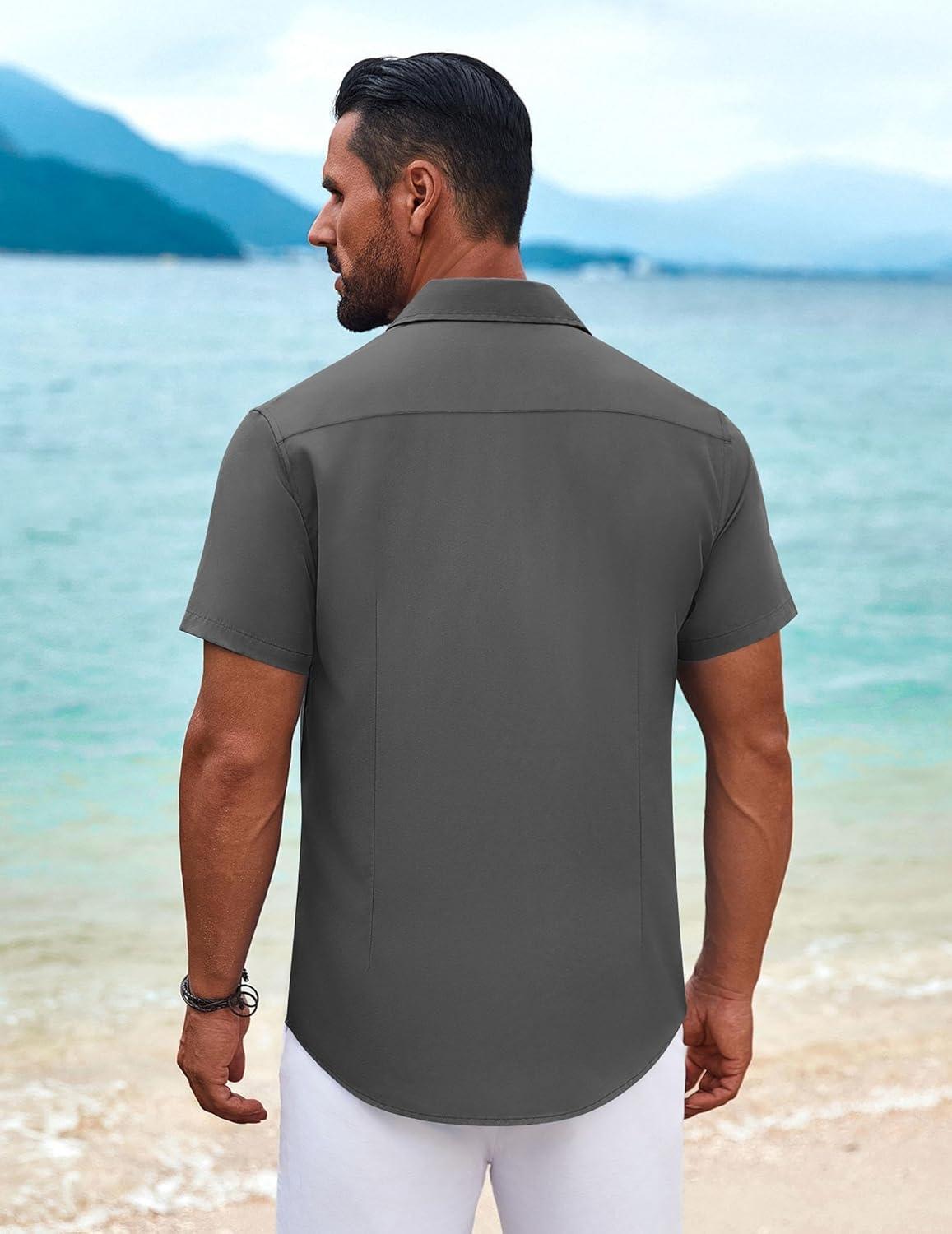 imageCOOFANDY Mens Cuban Guayabera Shirt Short Sleeve Button Down Shirts Summer Beach Vacation ShirtsGray
