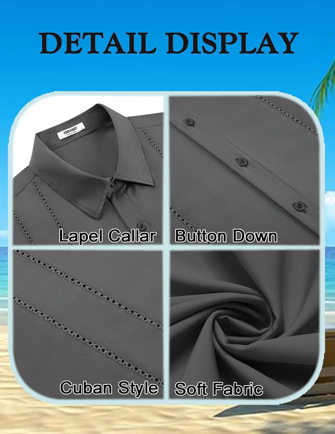 imageCOOFANDY Mens Cuban Guayabera Shirt Short Sleeve Button Down Shirts Summer Beach Vacation ShirtsGray