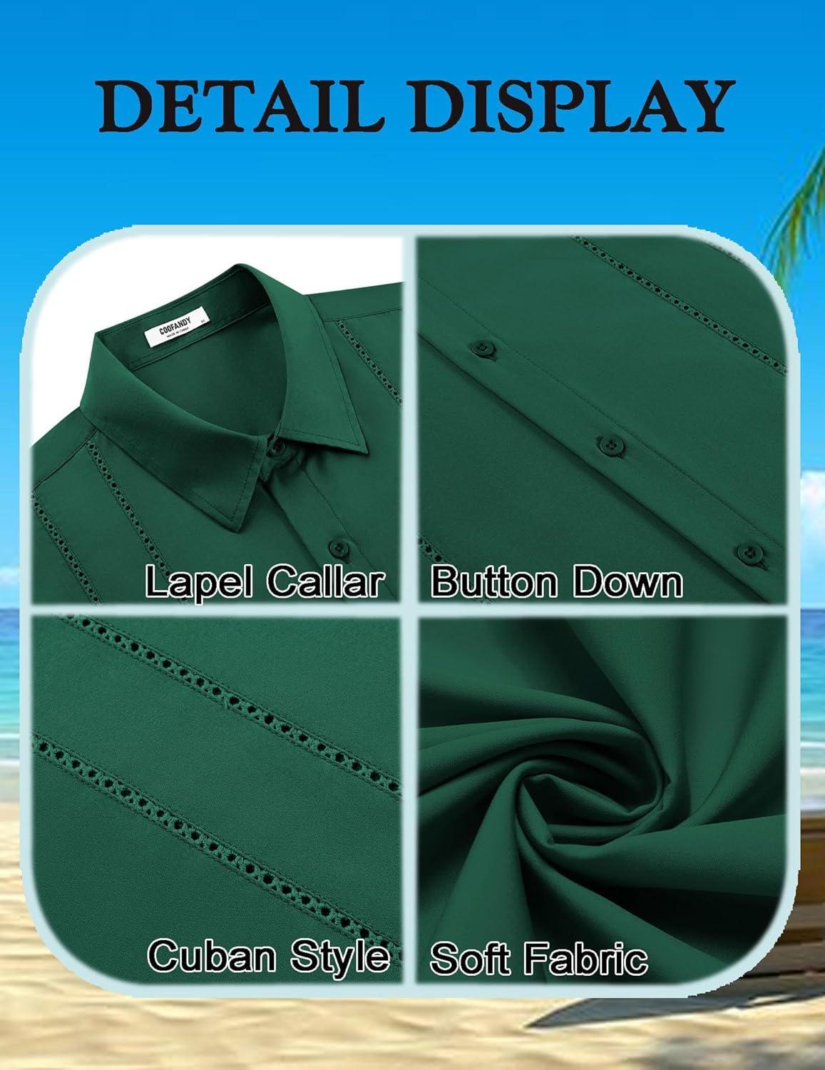 imageCOOFANDY Mens Cuban Guayabera Shirt Short Sleeve Button Down Shirts Summer Beach Vacation ShirtsGreen