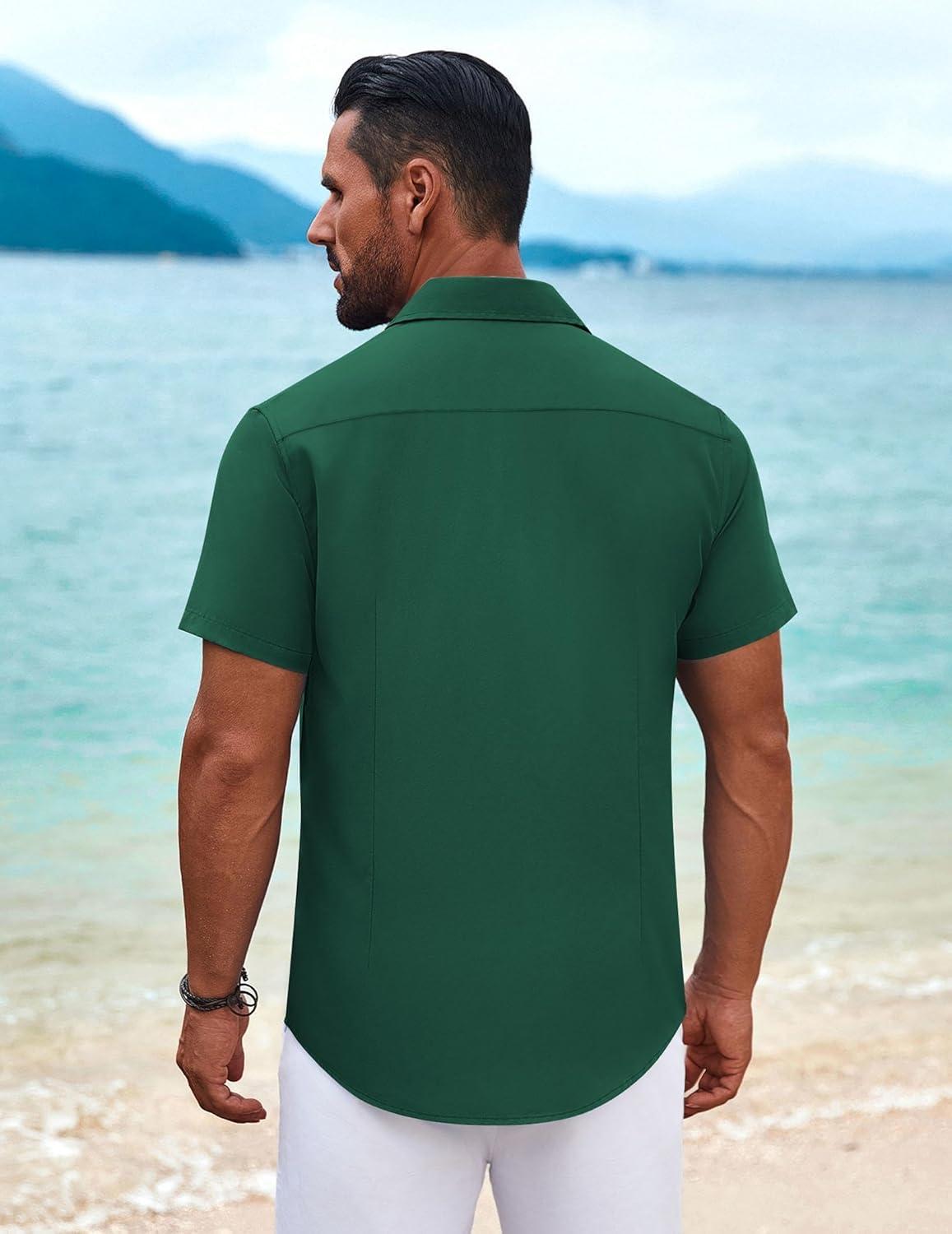 imageCOOFANDY Mens Cuban Guayabera Shirt Short Sleeve Button Down Shirts Summer Beach Vacation ShirtsGreen