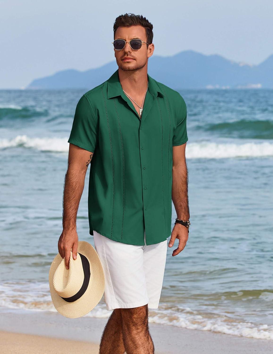 imageCOOFANDY Mens Cuban Guayabera Shirt Short Sleeve Button Down Shirts Summer Beach Vacation ShirtsGreen