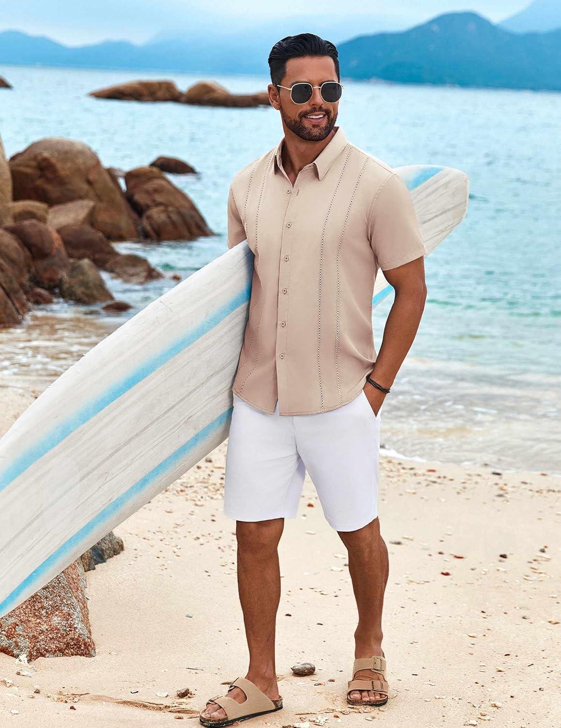 imageCOOFANDY Mens Cuban Guayabera Shirt Short Sleeve Button Down Shirts Summer Beach Vacation ShirtsKhaki