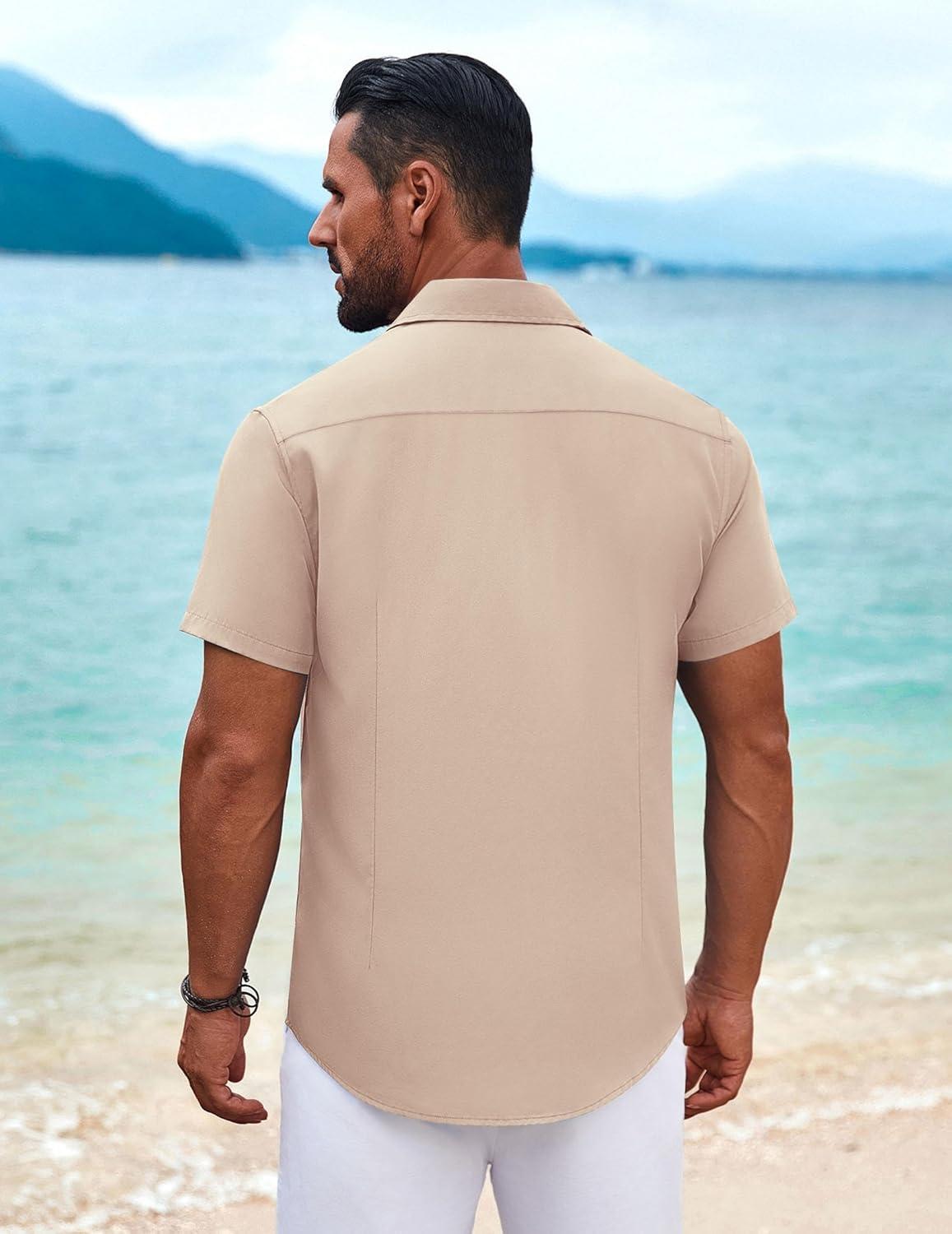 imageCOOFANDY Mens Cuban Guayabera Shirt Short Sleeve Button Down Shirts Summer Beach Vacation ShirtsKhaki