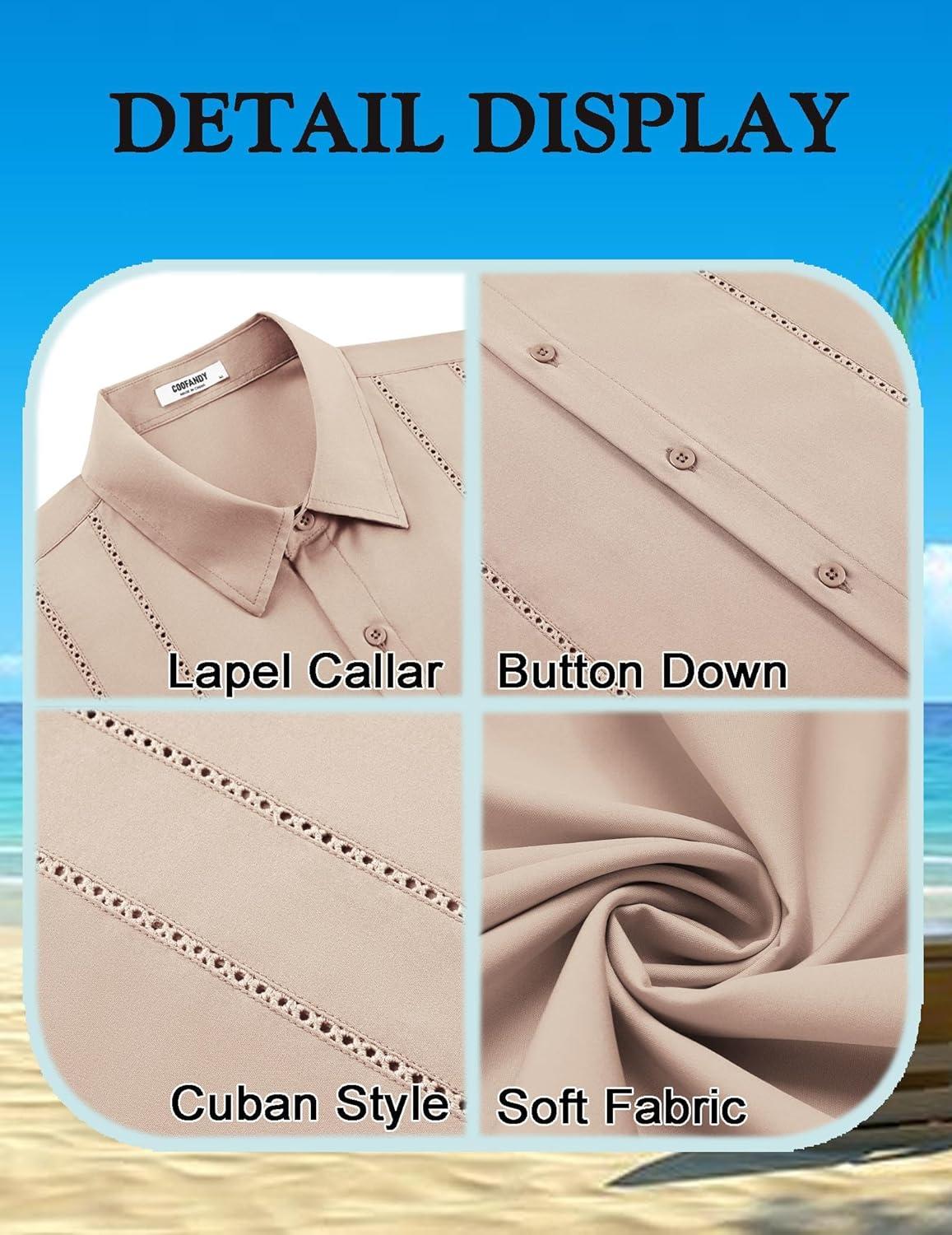 imageCOOFANDY Mens Cuban Guayabera Shirt Short Sleeve Button Down Shirts Summer Beach Vacation ShirtsKhaki
