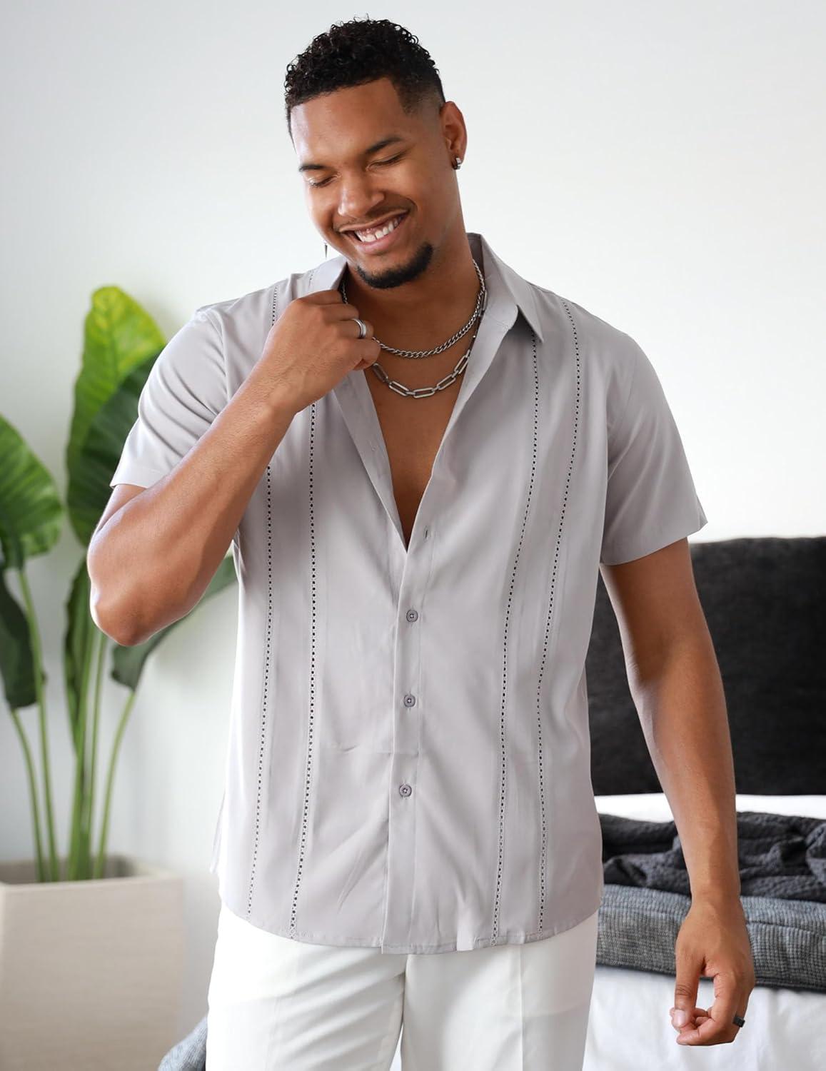 imageCOOFANDY Mens Cuban Guayabera Shirt Short Sleeve Button Down Shirts Summer Beach Vacation ShirtsLight Gray