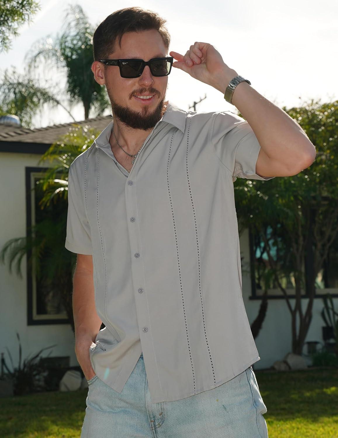 imageCOOFANDY Mens Cuban Guayabera Shirt Short Sleeve Button Down Shirts Summer Beach Vacation ShirtsLight Gray