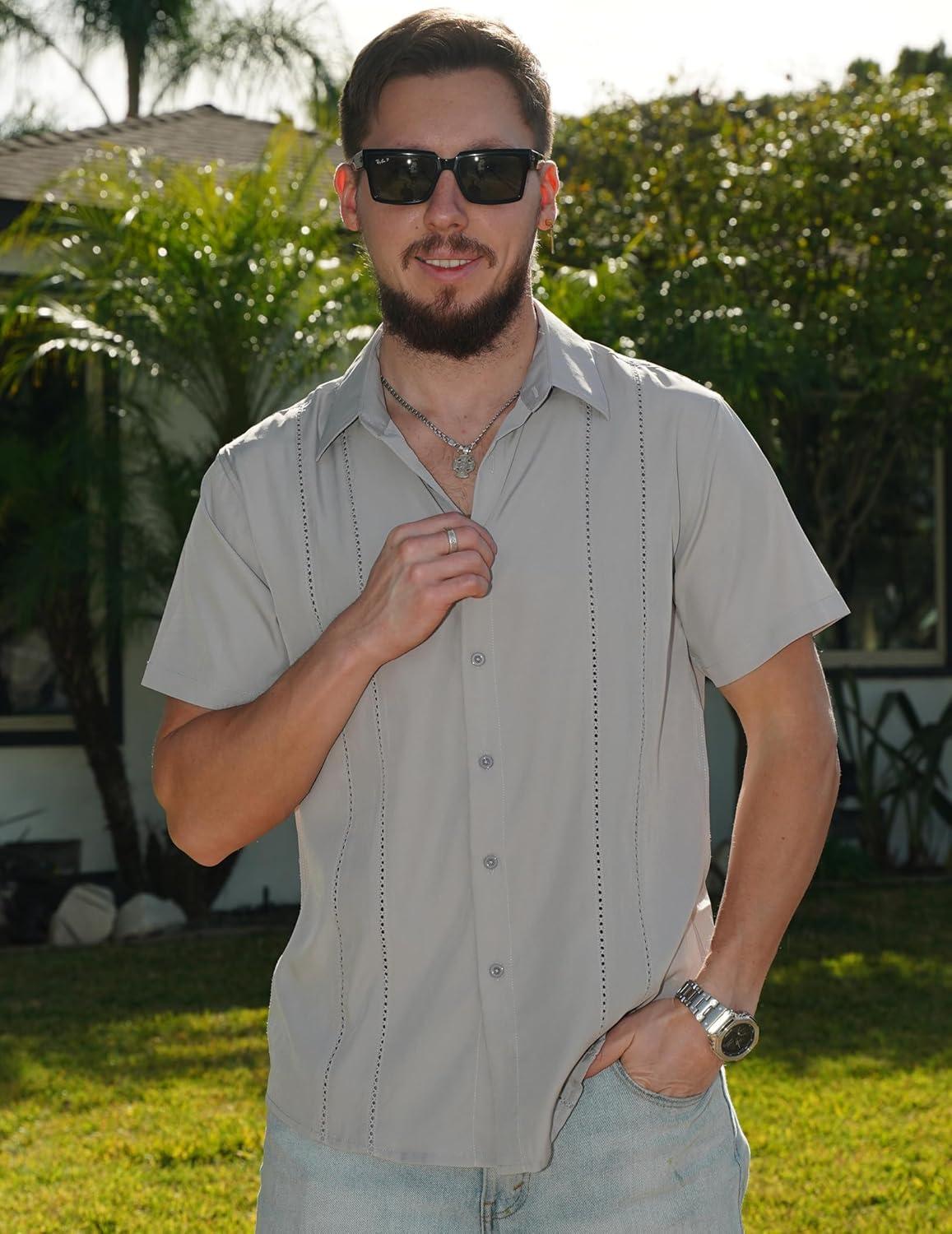 imageCOOFANDY Mens Cuban Guayabera Shirt Short Sleeve Button Down Shirts Summer Beach Vacation ShirtsLight Gray