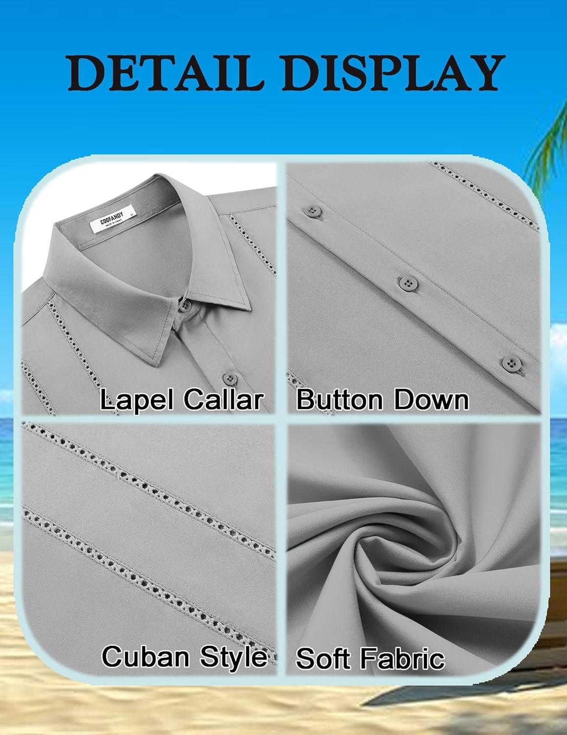 imageCOOFANDY Mens Cuban Guayabera Shirt Short Sleeve Button Down Shirts Summer Beach Vacation ShirtsLight Gray