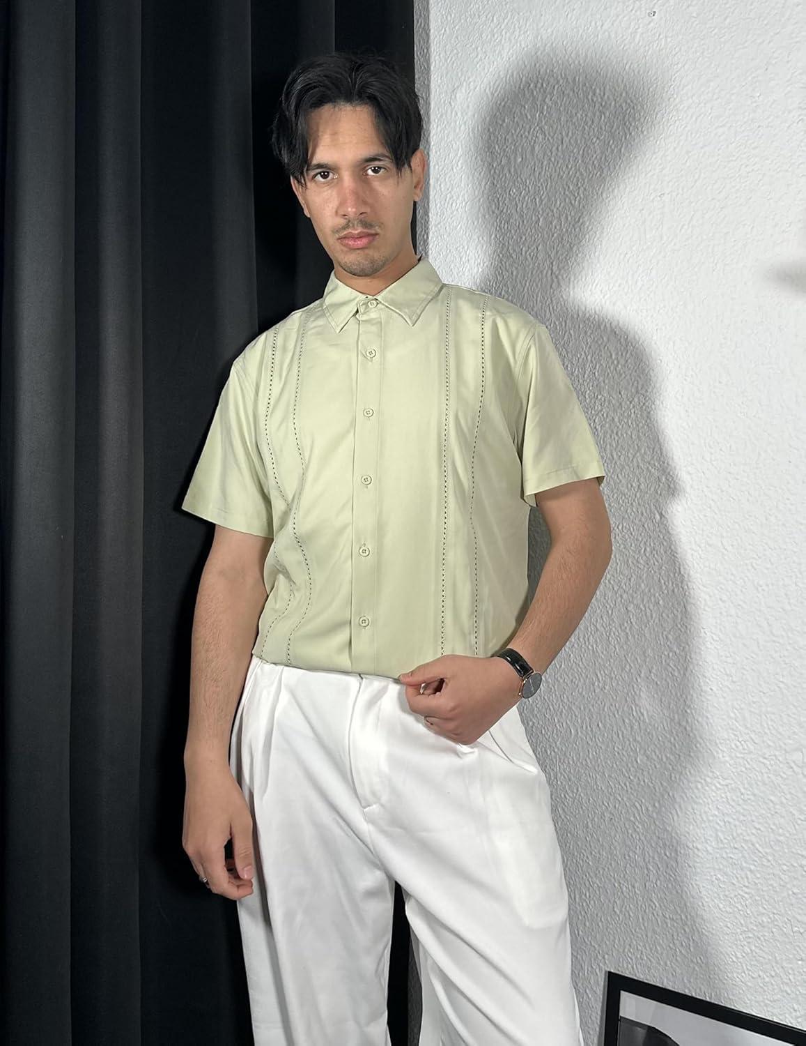 imageCOOFANDY Mens Cuban Guayabera Shirt Short Sleeve Button Down Shirts Summer Beach Vacation ShirtsLight Green