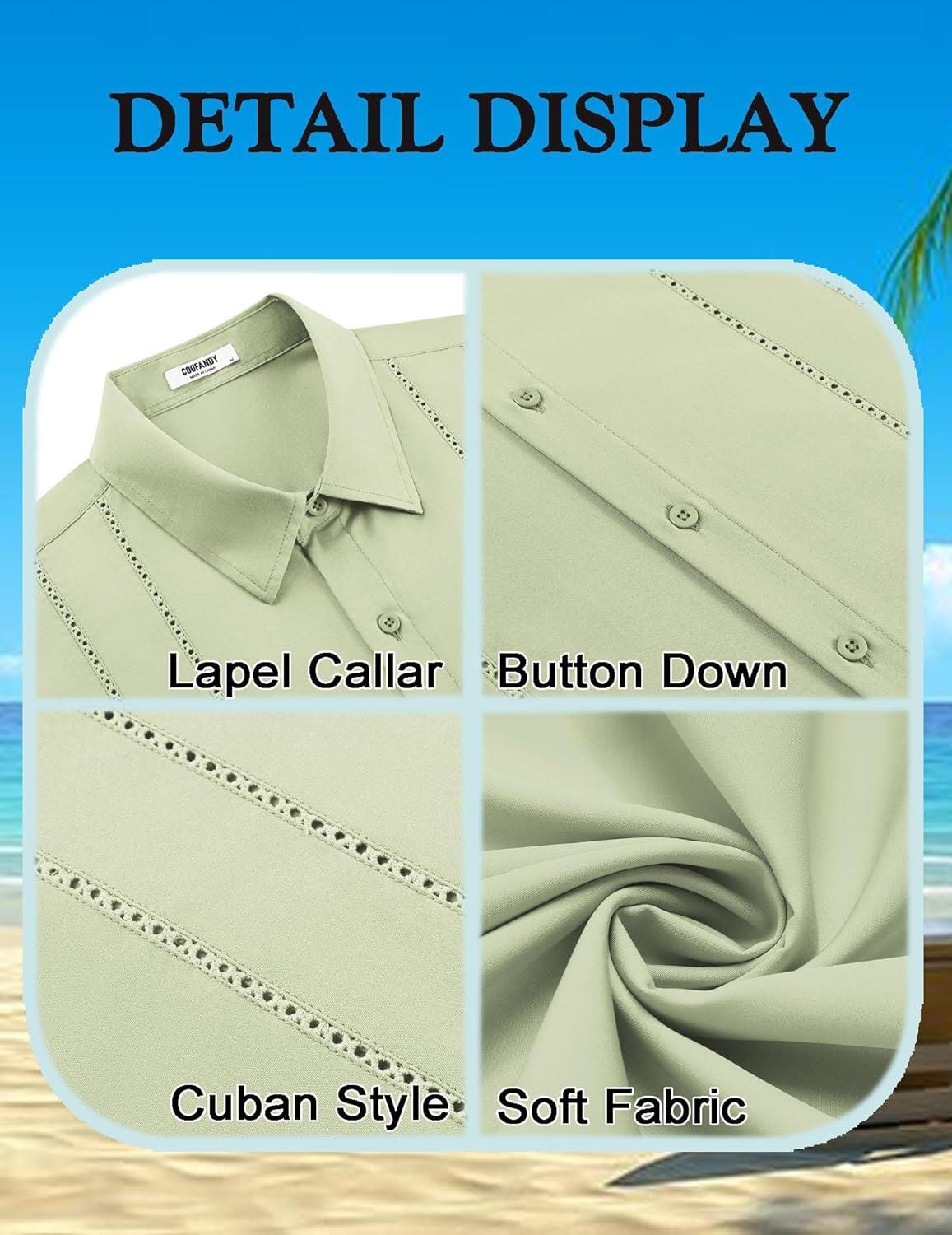 imageCOOFANDY Mens Cuban Guayabera Shirt Short Sleeve Button Down Shirts Summer Beach Vacation ShirtsLight Green
