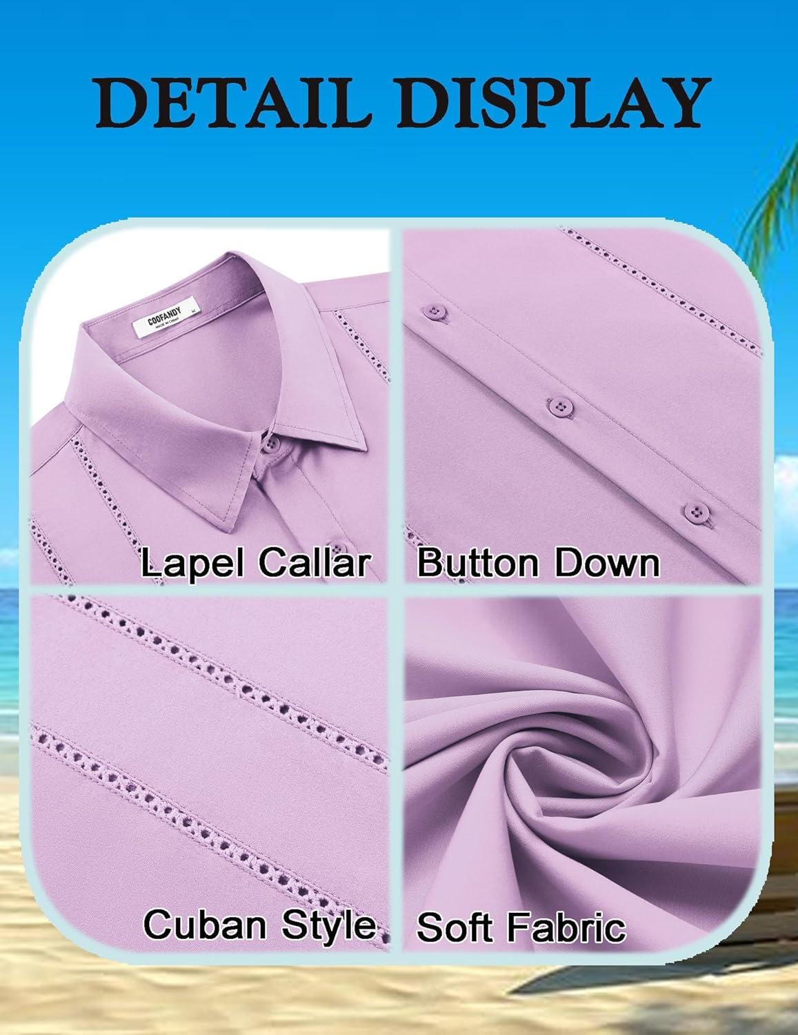 imageCOOFANDY Mens Cuban Guayabera Shirt Short Sleeve Button Down Shirts Summer Beach Vacation ShirtsLight Purple