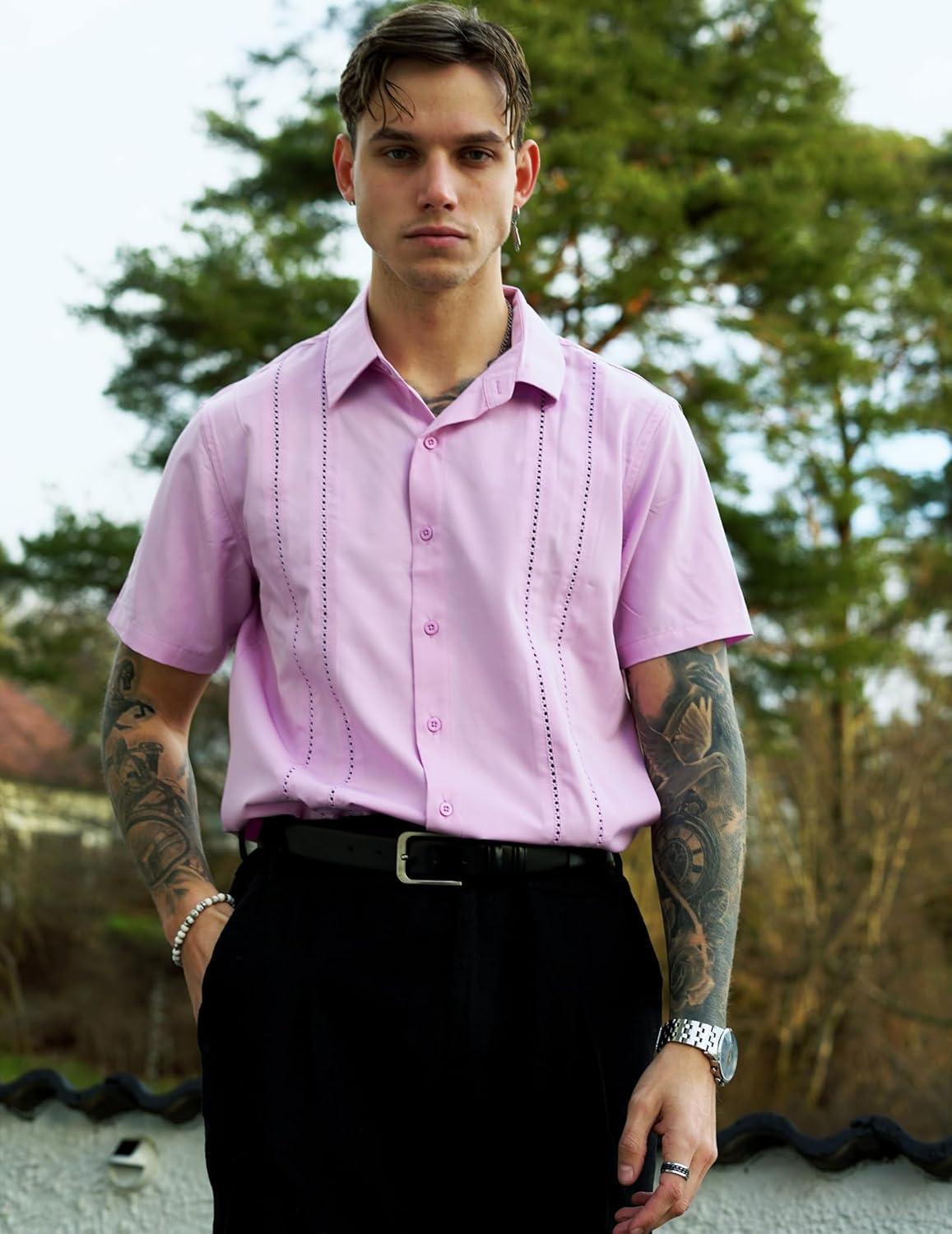 imageCOOFANDY Mens Cuban Guayabera Shirt Short Sleeve Button Down Shirts Summer Beach Vacation ShirtsLight Purple