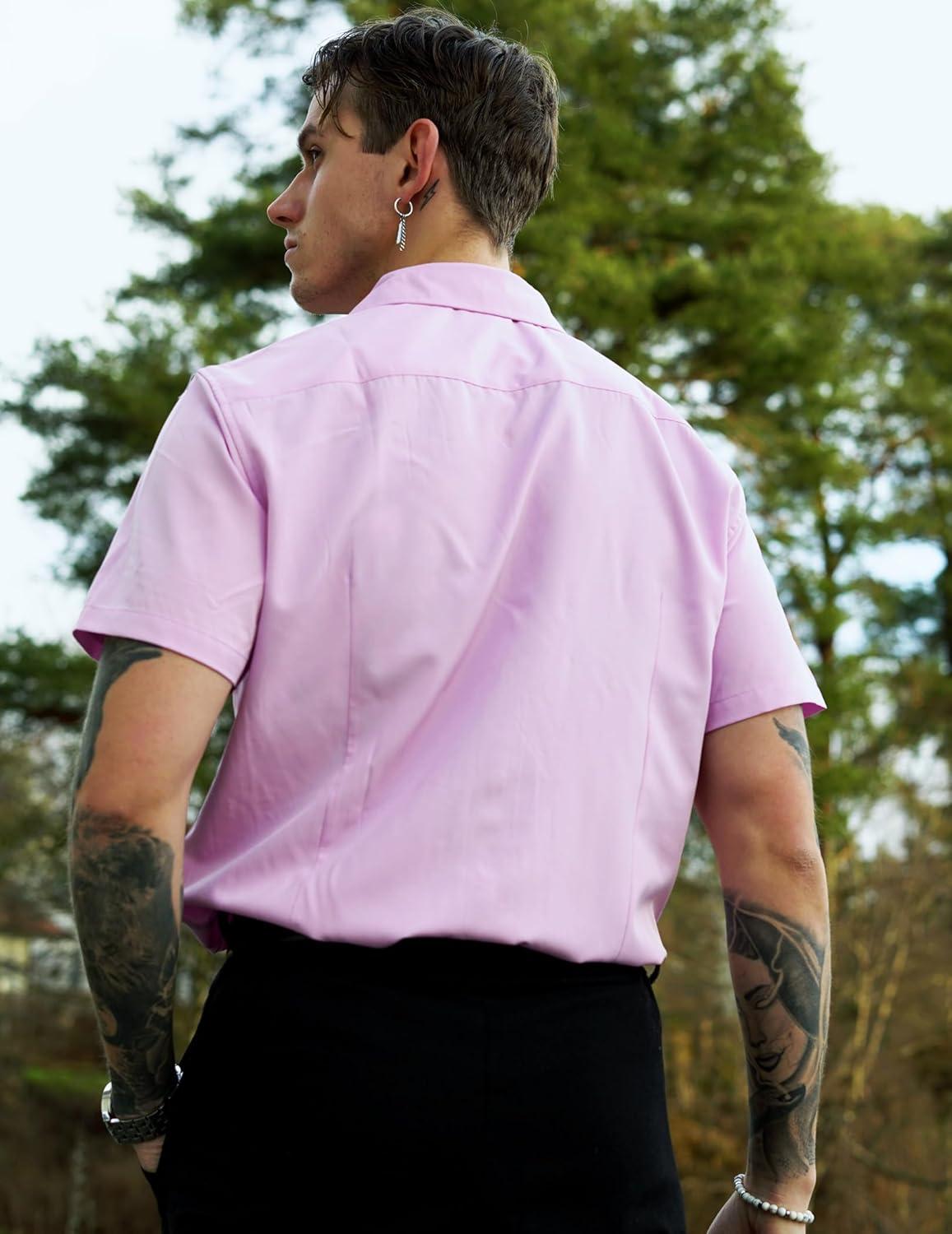 imageCOOFANDY Mens Cuban Guayabera Shirt Short Sleeve Button Down Shirts Summer Beach Vacation ShirtsLight Purple