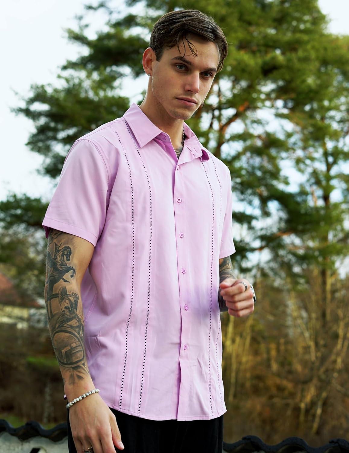 imageCOOFANDY Mens Cuban Guayabera Shirt Short Sleeve Button Down Shirts Summer Beach Vacation ShirtsLight Purple