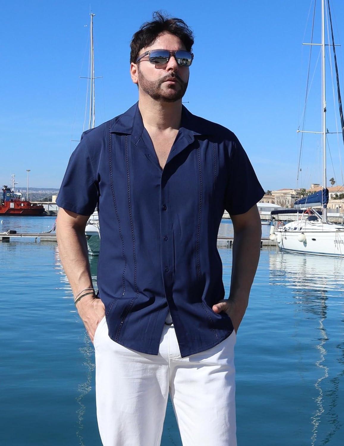 imageCOOFANDY Mens Cuban Guayabera Shirt Short Sleeve Button Down Shirts Summer Beach Vacation ShirtsNavy Blue