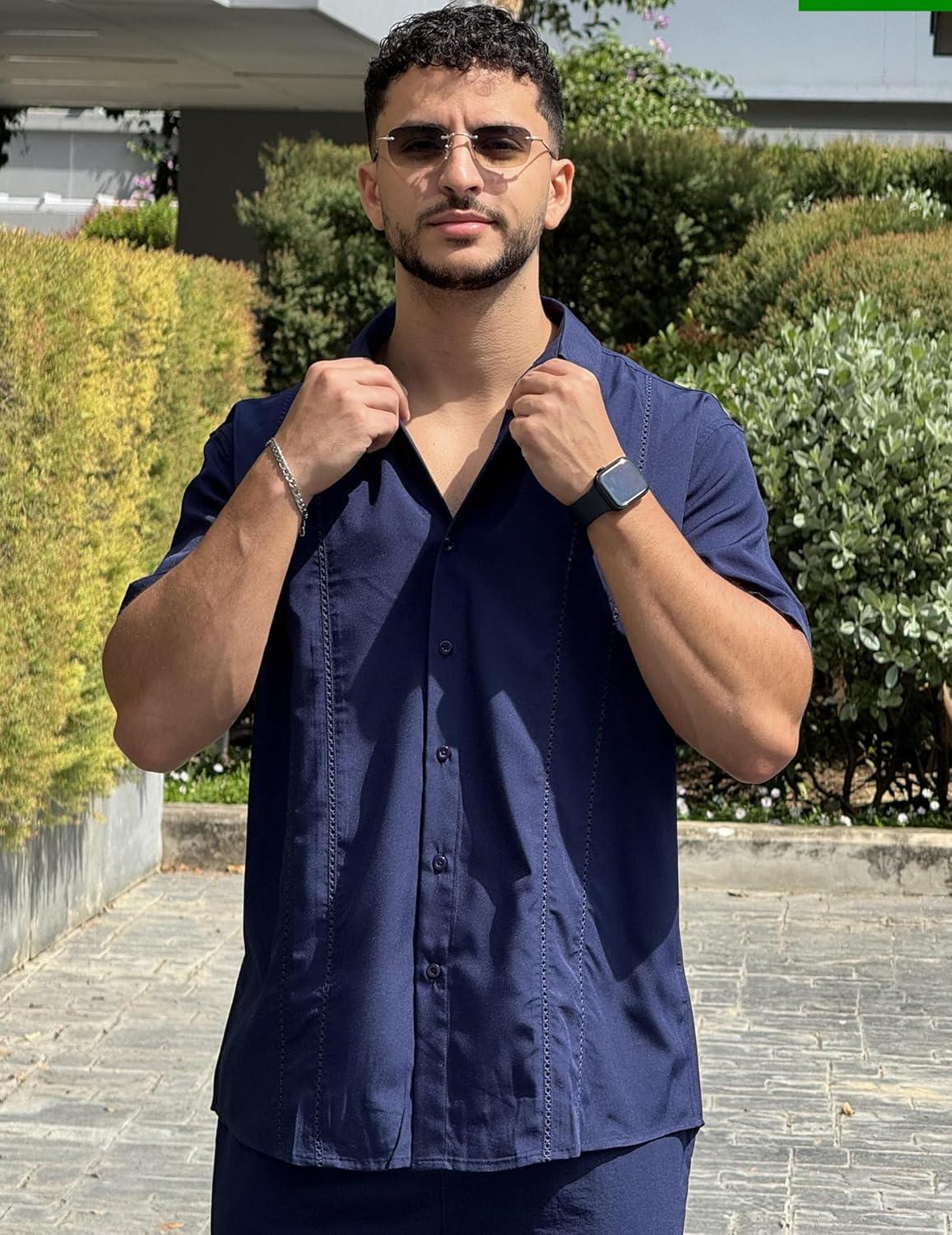 imageCOOFANDY Mens Cuban Guayabera Shirt Short Sleeve Button Down Shirts Summer Beach Vacation ShirtsNavy Blue