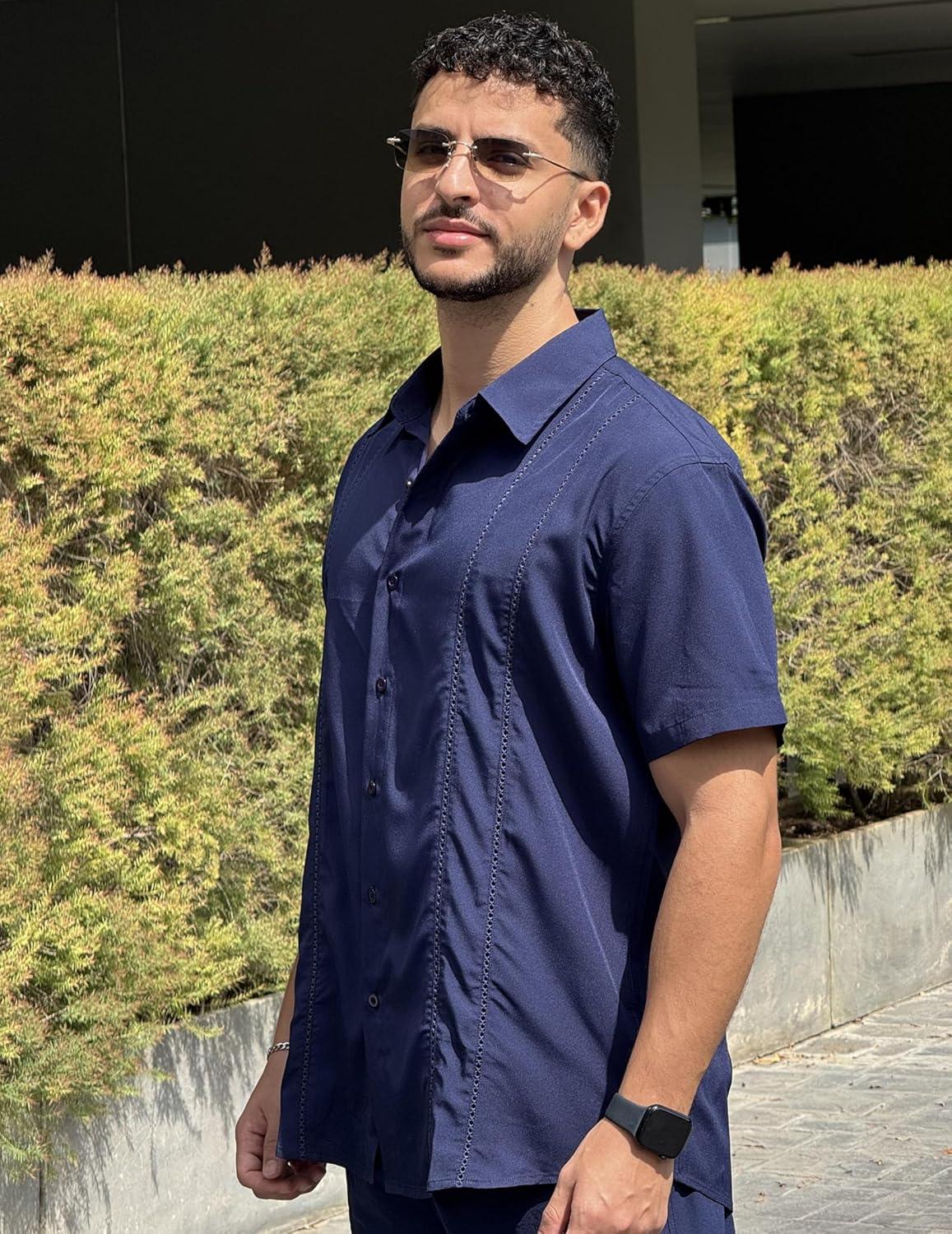 imageCOOFANDY Mens Cuban Guayabera Shirt Short Sleeve Button Down Shirts Summer Beach Vacation ShirtsNavy Blue