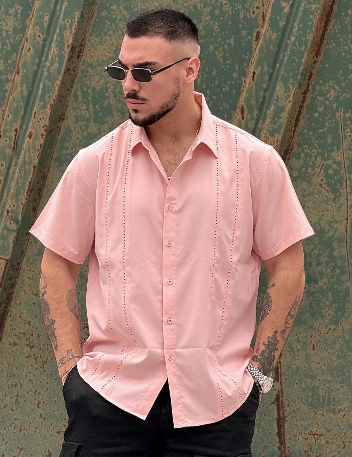 imageCOOFANDY Mens Cuban Guayabera Shirt Short Sleeve Button Down Shirts Summer Beach Vacation ShirtsPink