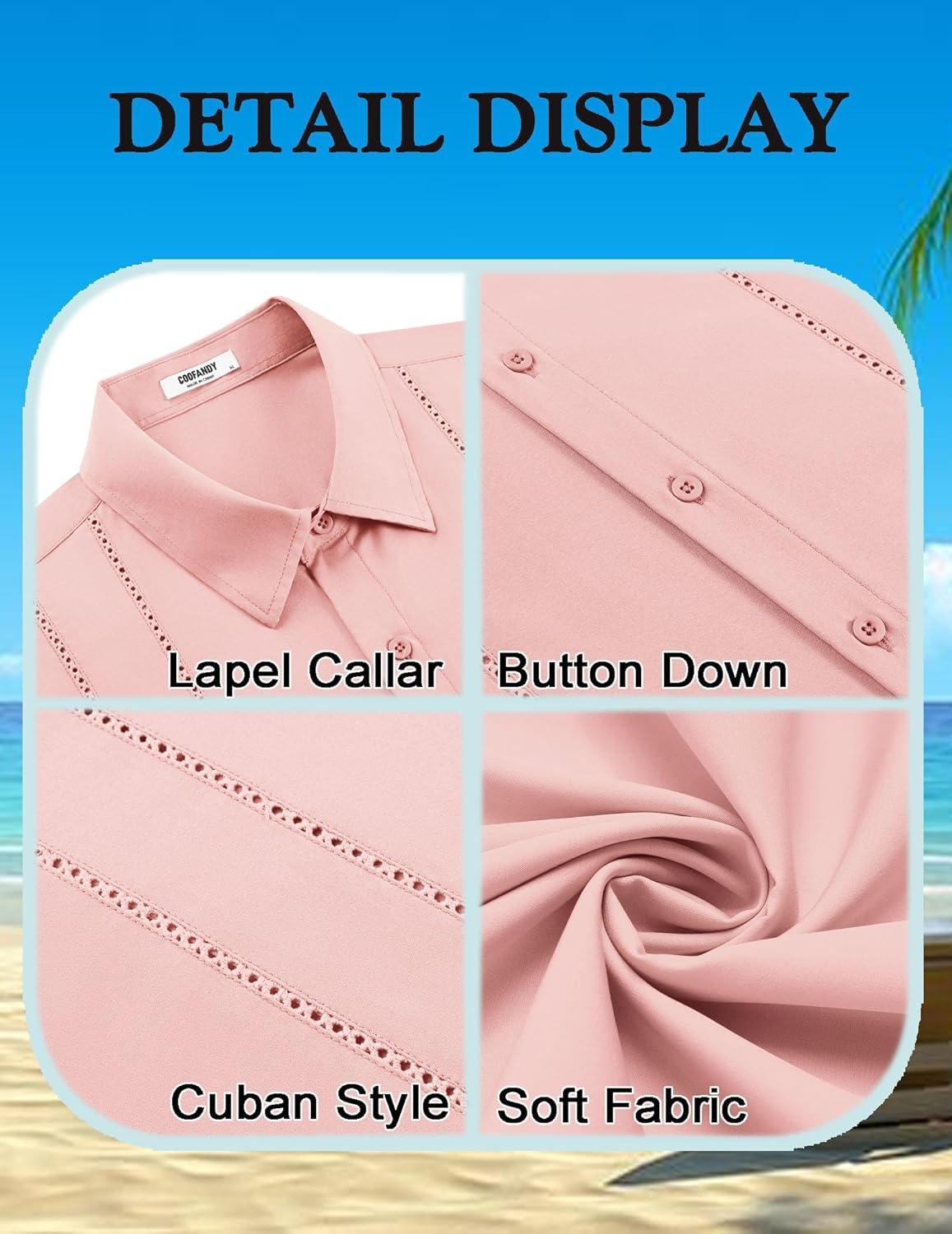 imageCOOFANDY Mens Cuban Guayabera Shirt Short Sleeve Button Down Shirts Summer Beach Vacation ShirtsPink