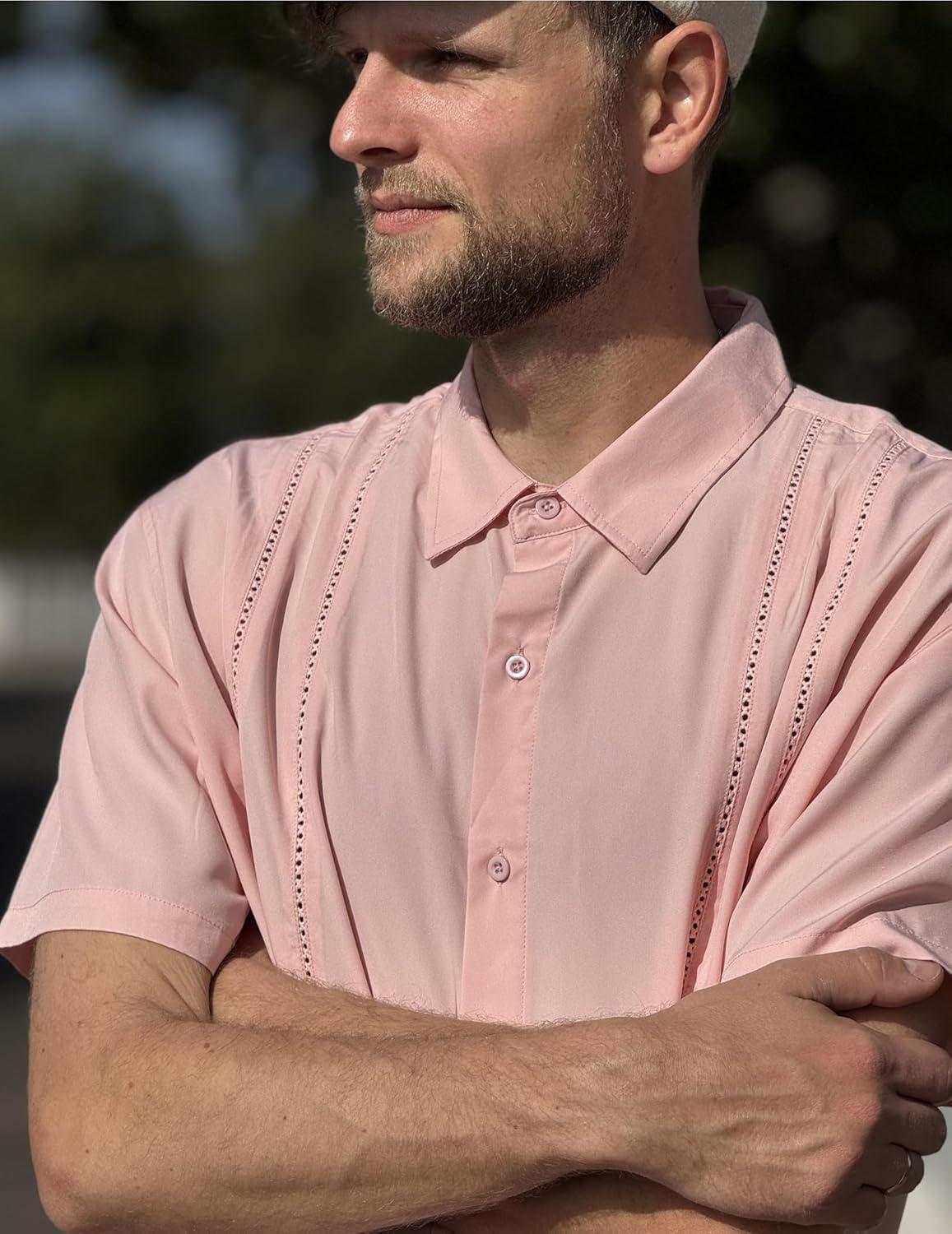 imageCOOFANDY Mens Cuban Guayabera Shirt Short Sleeve Button Down Shirts Summer Beach Vacation ShirtsPink