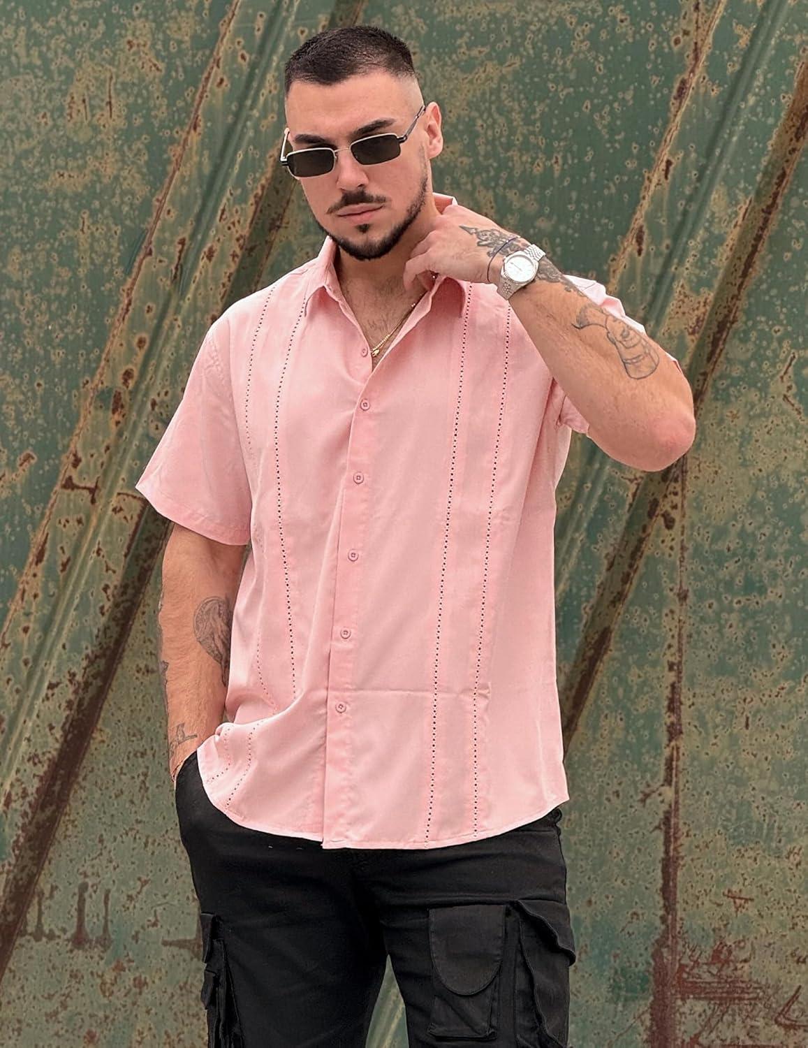 imageCOOFANDY Mens Cuban Guayabera Shirt Short Sleeve Button Down Shirts Summer Beach Vacation ShirtsPink