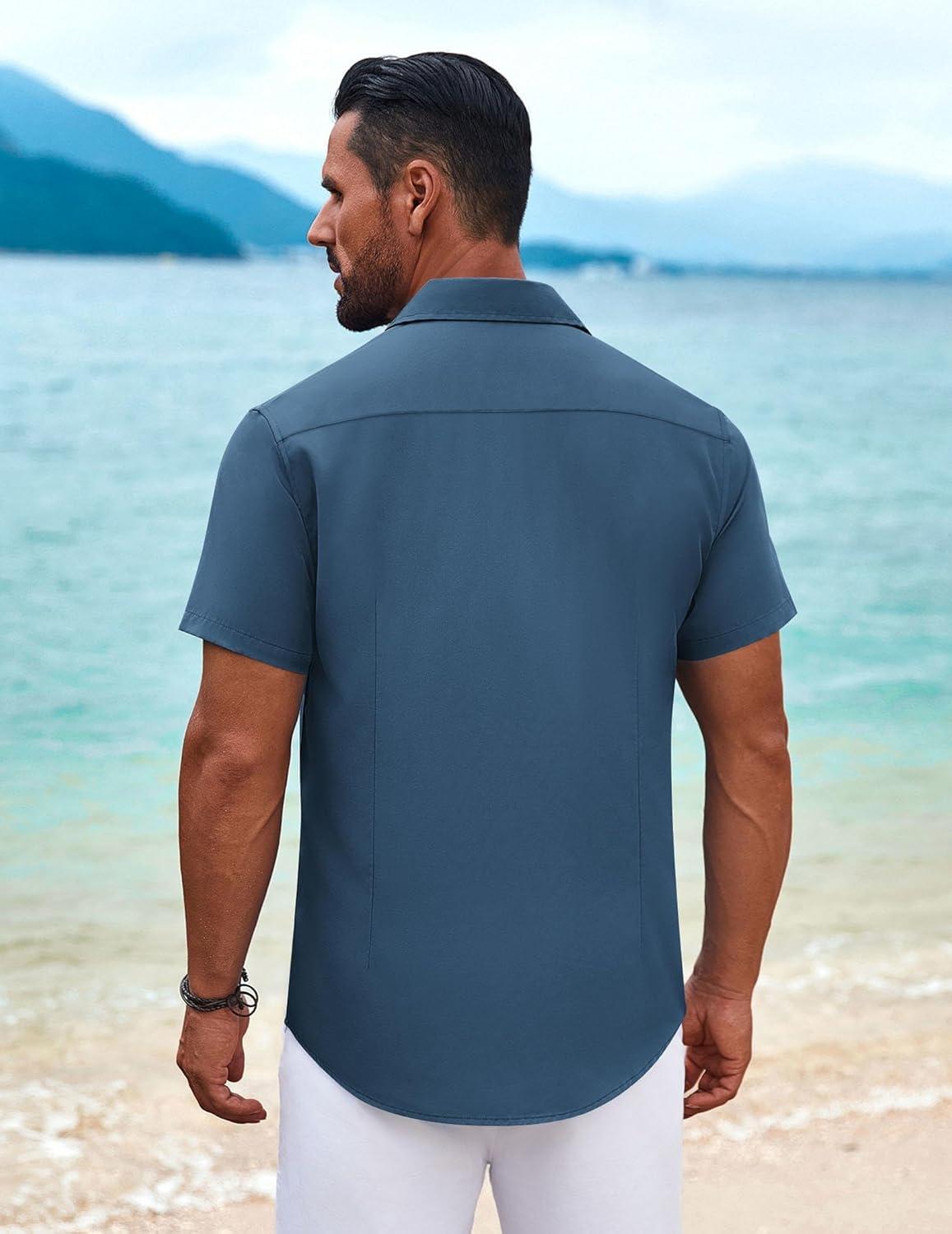imageCOOFANDY Mens Cuban Guayabera Shirt Short Sleeve Button Down Shirts Summer Beach Vacation ShirtsRoyal Blue