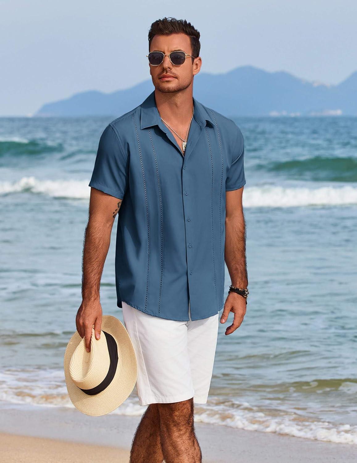 imageCOOFANDY Mens Cuban Guayabera Shirt Short Sleeve Button Down Shirts Summer Beach Vacation ShirtsRoyal Blue
