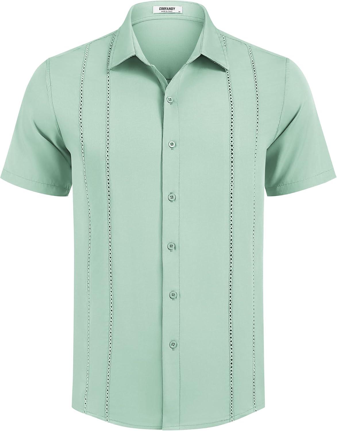 imageCOOFANDY Mens Cuban Guayabera Shirt Short Sleeve Button Down Shirts Summer Beach Vacation ShirtsSage Green