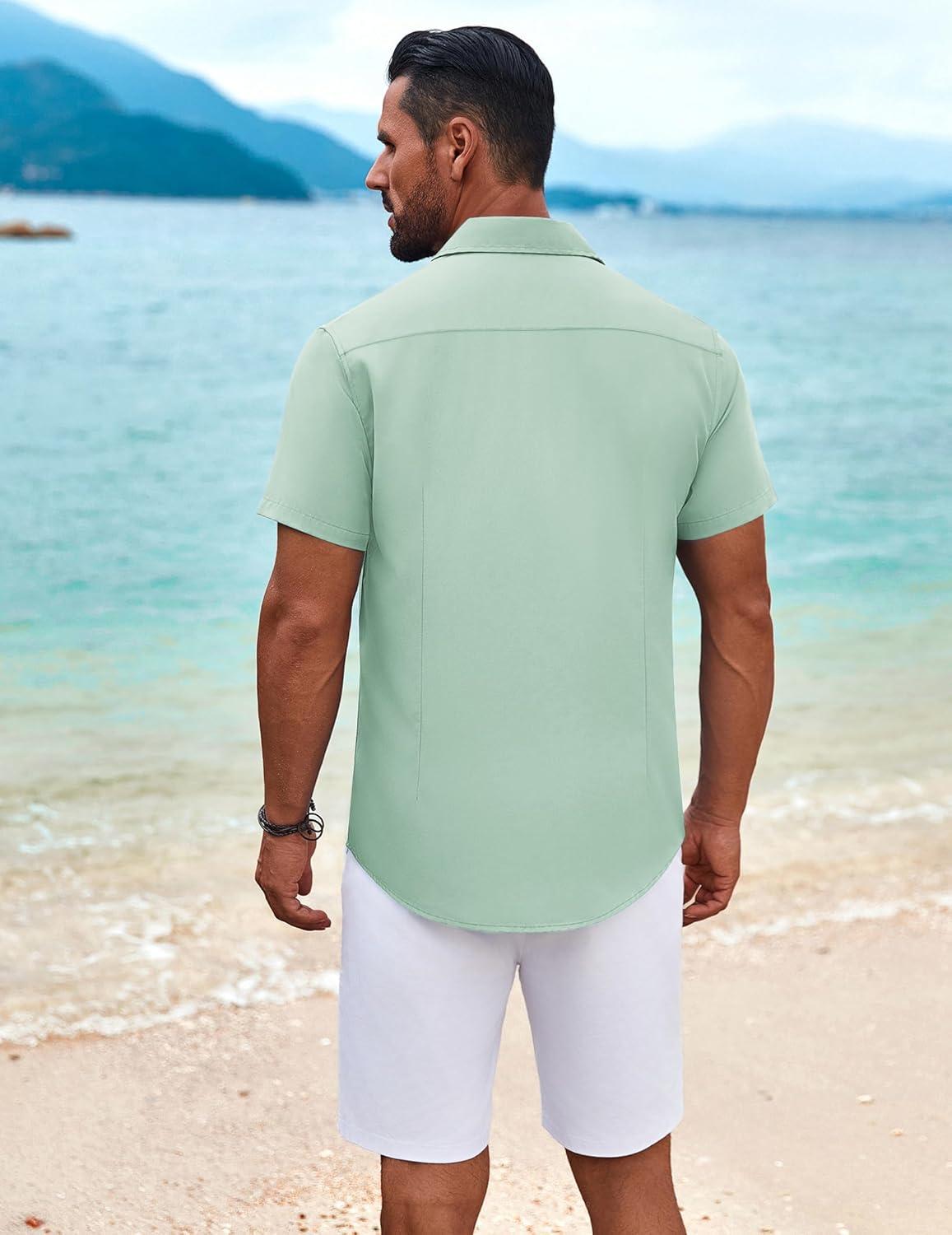 imageCOOFANDY Mens Cuban Guayabera Shirt Short Sleeve Button Down Shirts Summer Beach Vacation ShirtsSage Green