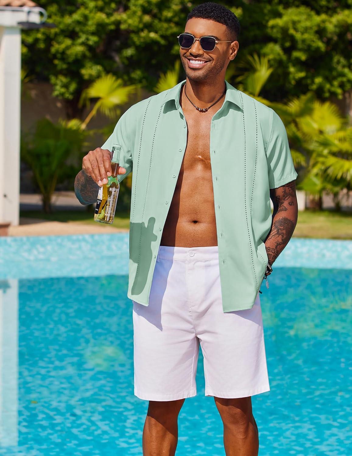 imageCOOFANDY Mens Cuban Guayabera Shirt Short Sleeve Button Down Shirts Summer Beach Vacation ShirtsSage Green