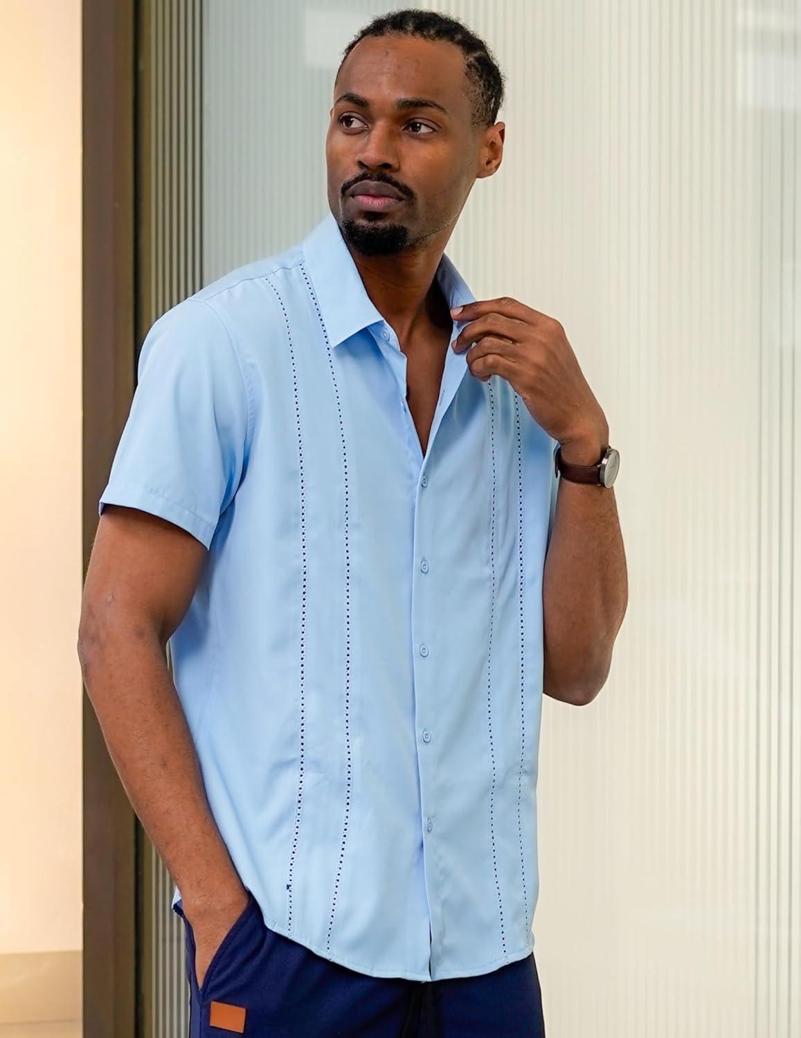 imageCOOFANDY Mens Cuban Guayabera Shirt Short Sleeve Button Down Shirts Summer Beach Vacation ShirtsSky Blue