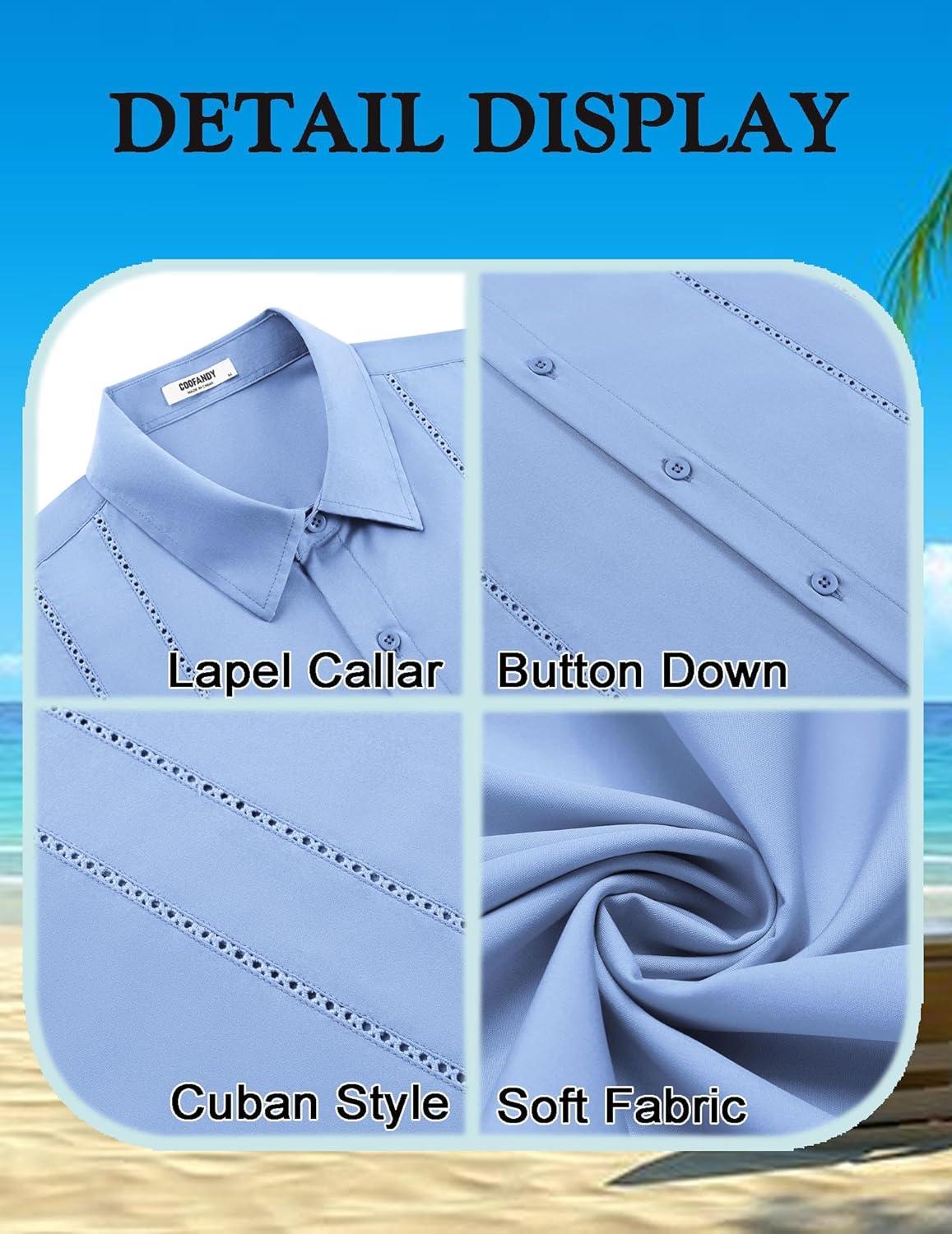 imageCOOFANDY Mens Cuban Guayabera Shirt Short Sleeve Button Down Shirts Summer Beach Vacation ShirtsSky Blue