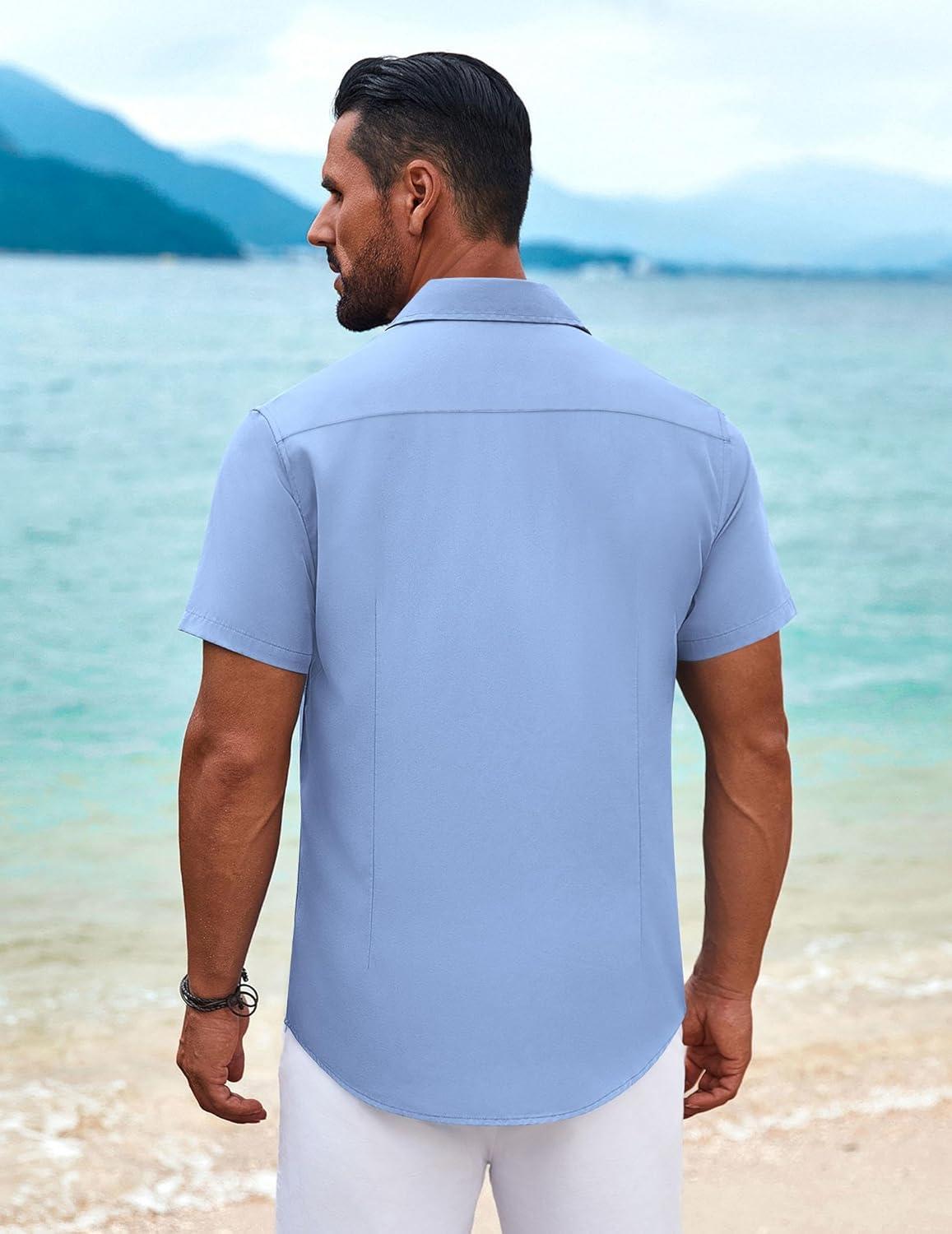 imageCOOFANDY Mens Cuban Guayabera Shirt Short Sleeve Button Down Shirts Summer Beach Vacation ShirtsSky Blue