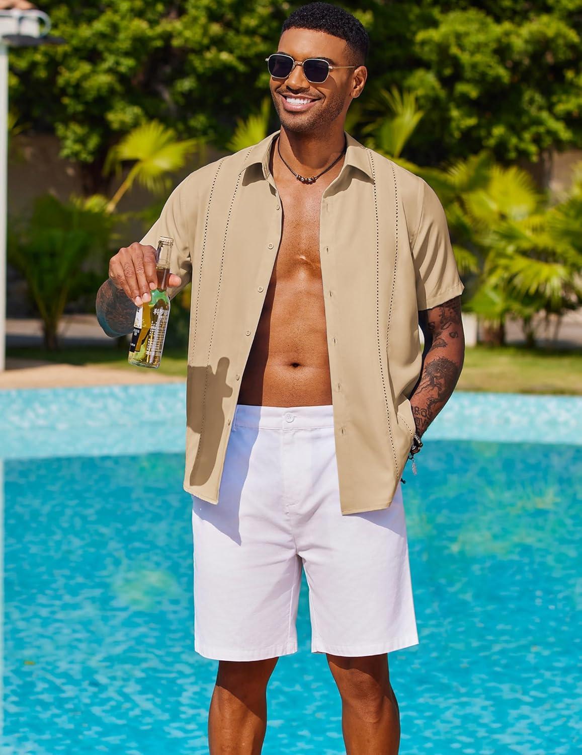 imageCOOFANDY Mens Cuban Guayabera Shirt Short Sleeve Button Down Shirts Summer Beach Vacation ShirtsTan
