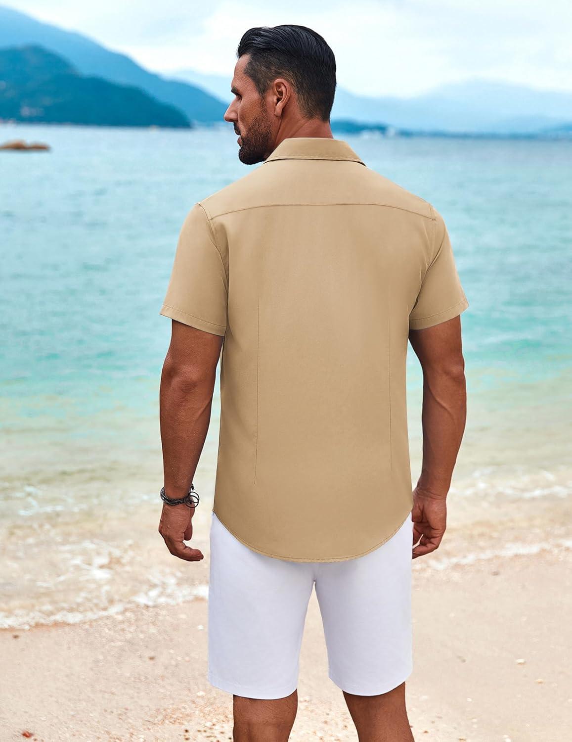 imageCOOFANDY Mens Cuban Guayabera Shirt Short Sleeve Button Down Shirts Summer Beach Vacation ShirtsTan