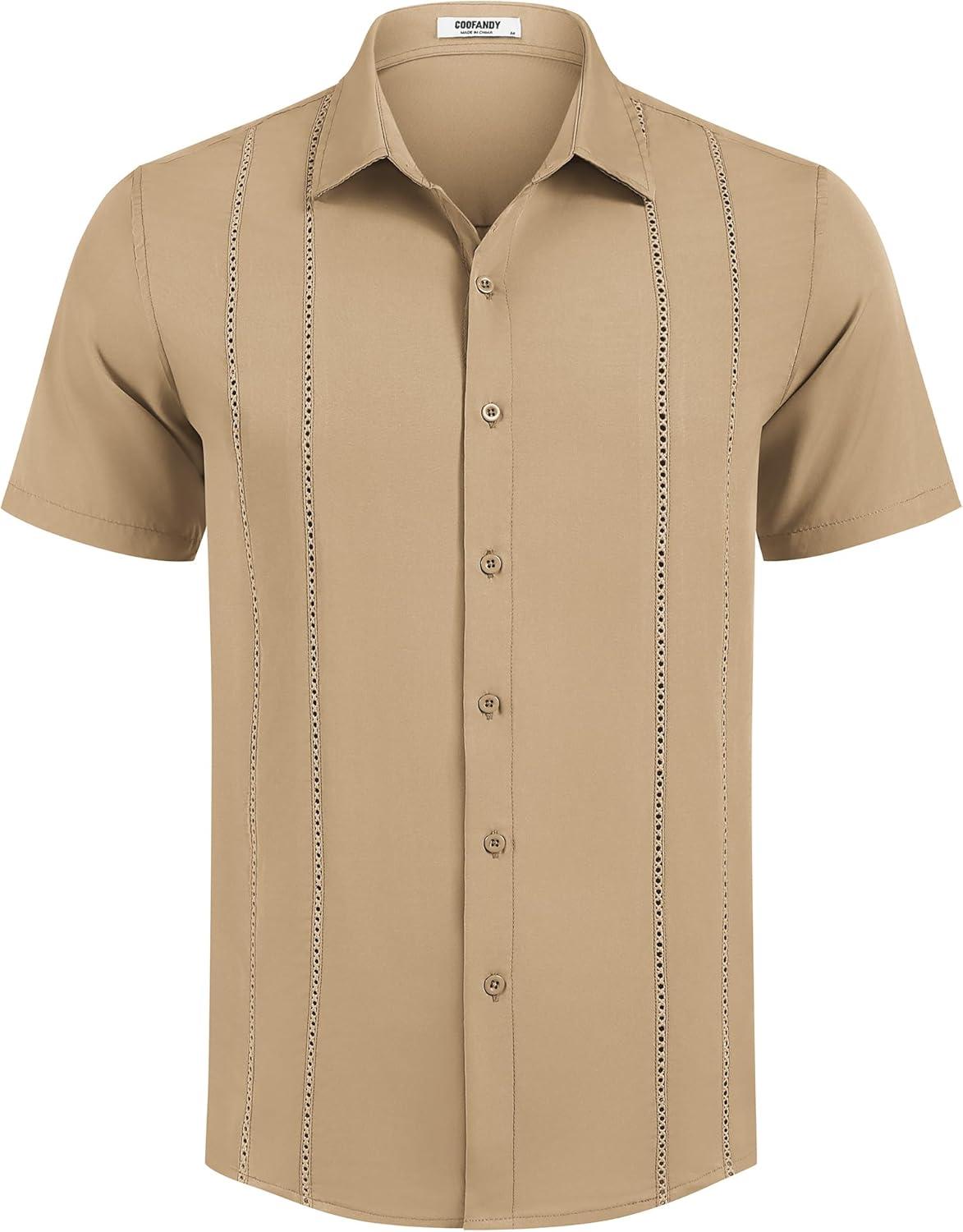 imageCOOFANDY Mens Cuban Guayabera Shirt Short Sleeve Button Down Shirts Summer Beach Vacation ShirtsTan