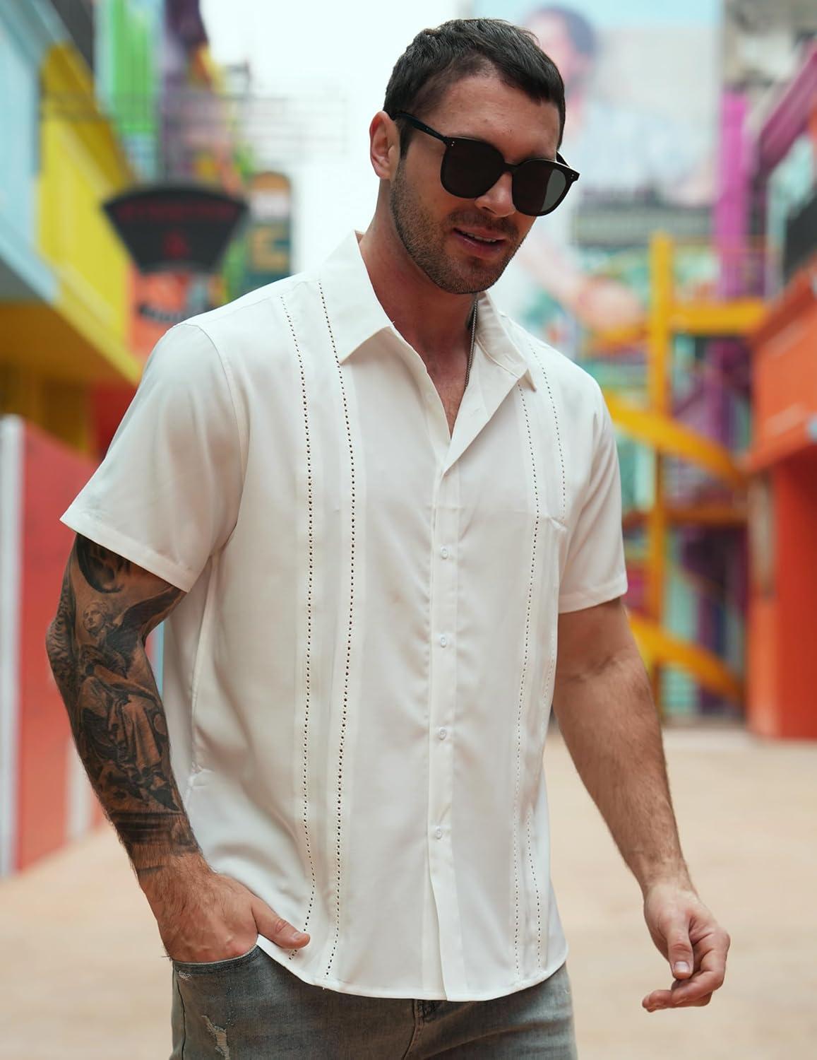 imageCOOFANDY Mens Cuban Guayabera Shirt Short Sleeve Button Down Shirts Summer Beach Vacation ShirtsWhite