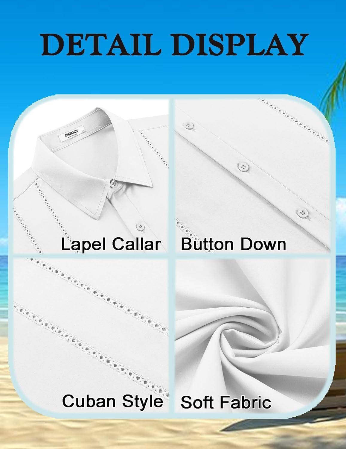 imageCOOFANDY Mens Cuban Guayabera Shirt Short Sleeve Button Down Shirts Summer Beach Vacation ShirtsWhite