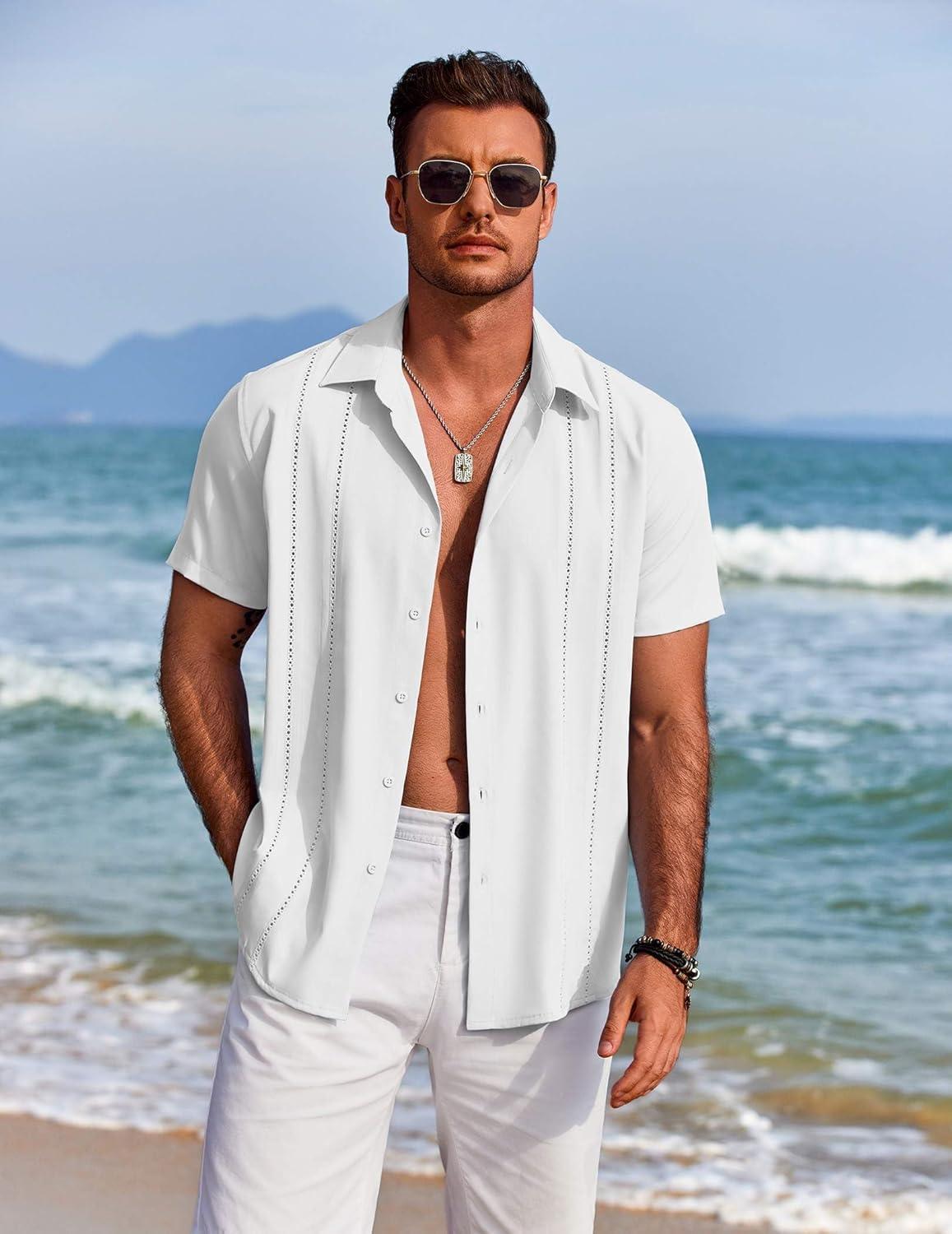 imageCOOFANDY Mens Cuban Guayabera Shirt Short Sleeve Button Down Shirts Summer Beach Vacation ShirtsWhite