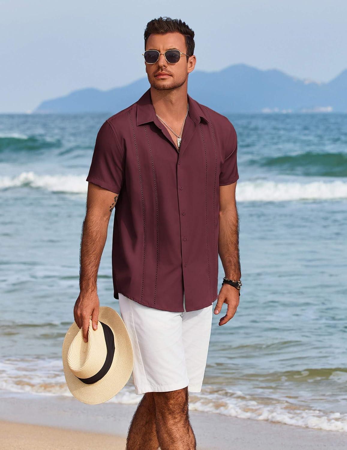 imageCOOFANDY Mens Cuban Guayabera Shirt Short Sleeve Button Down Shirts Summer Beach Vacation ShirtsWine Red