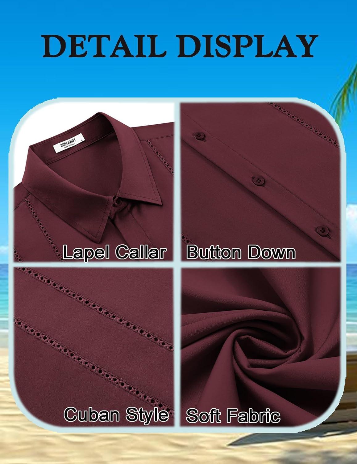 imageCOOFANDY Mens Cuban Guayabera Shirt Short Sleeve Button Down Shirts Summer Beach Vacation ShirtsWine Red
