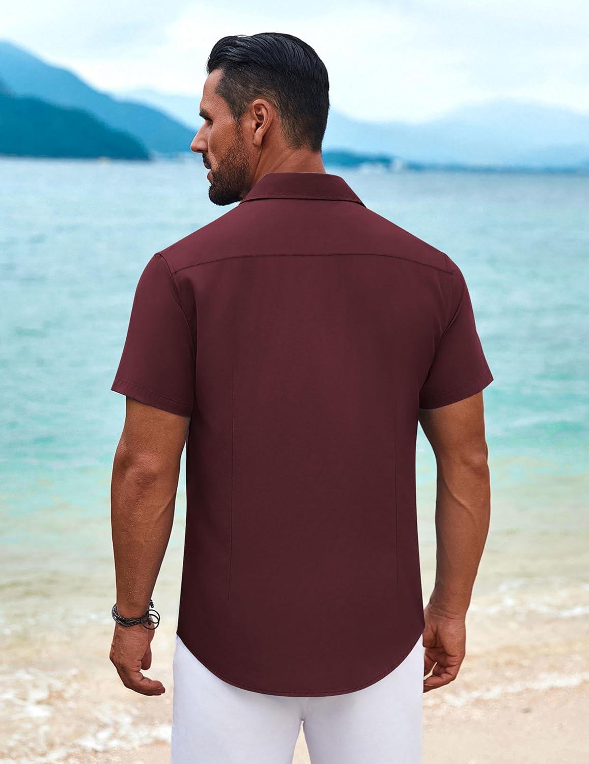 imageCOOFANDY Mens Cuban Guayabera Shirt Short Sleeve Button Down Shirts Summer Beach Vacation ShirtsWine Red