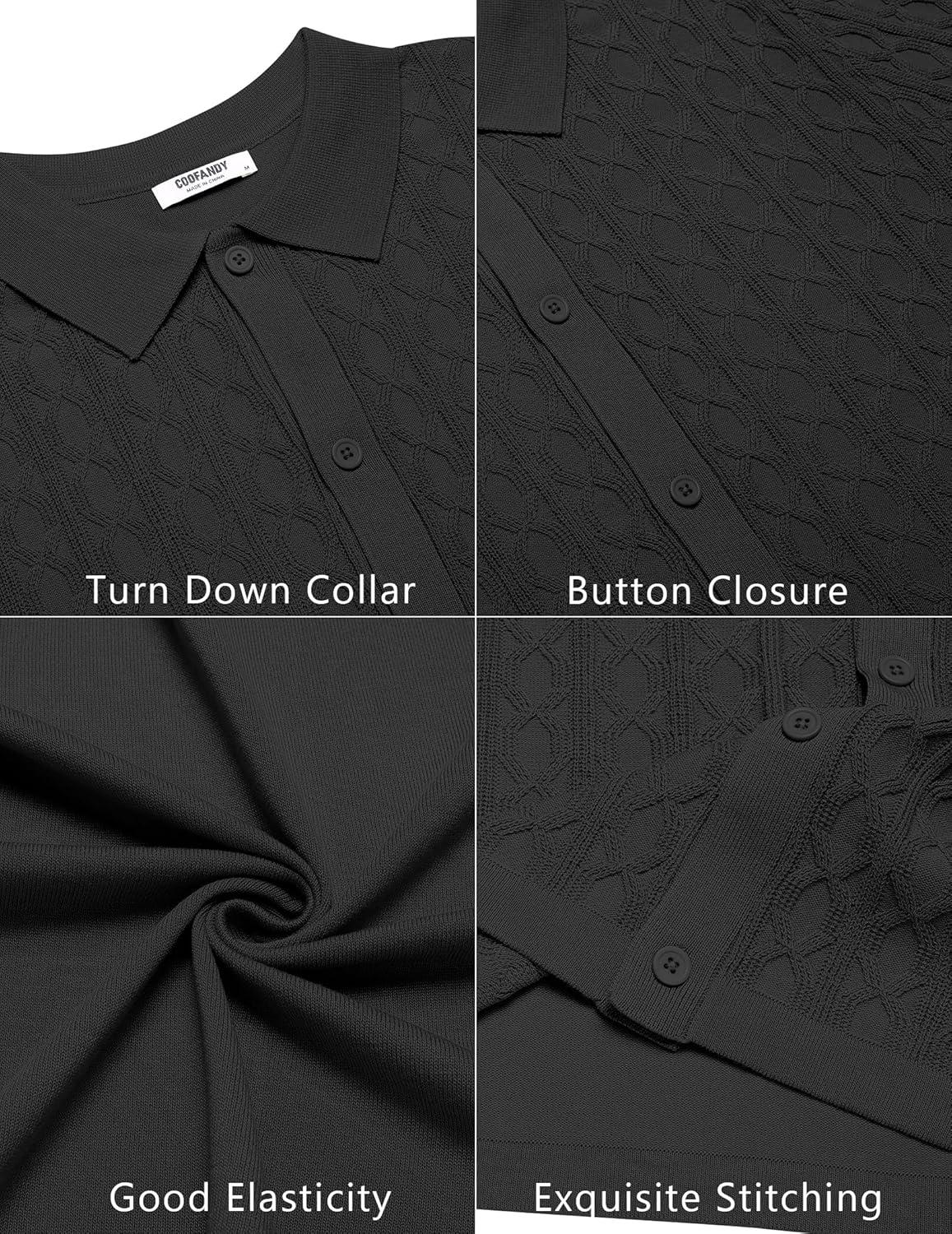 imageCOOFANDY Mens Knit Short Sleeve Shirts Button Down Vintage Knitted Polo Shirt Casual Beach Crochet Cable Vacation ShirtBlack