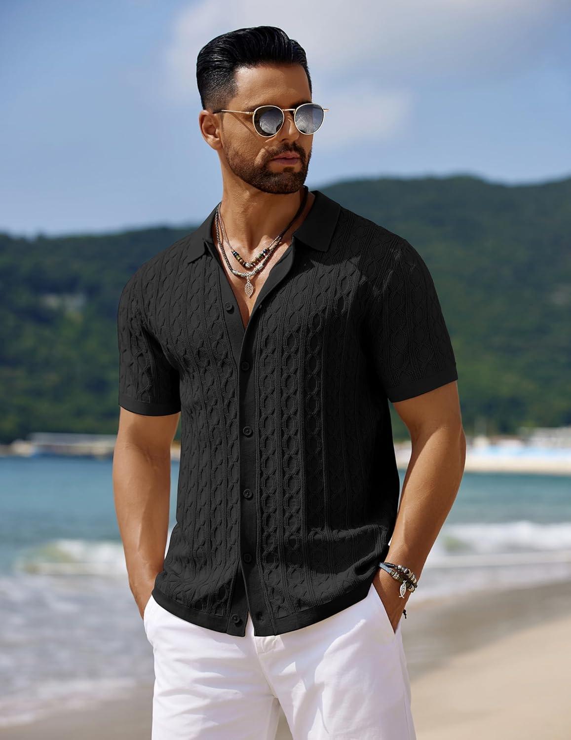 imageCOOFANDY Mens Knit Short Sleeve Shirts Button Down Vintage Knitted Polo Shirt Casual Beach Crochet Cable Vacation ShirtBlack
